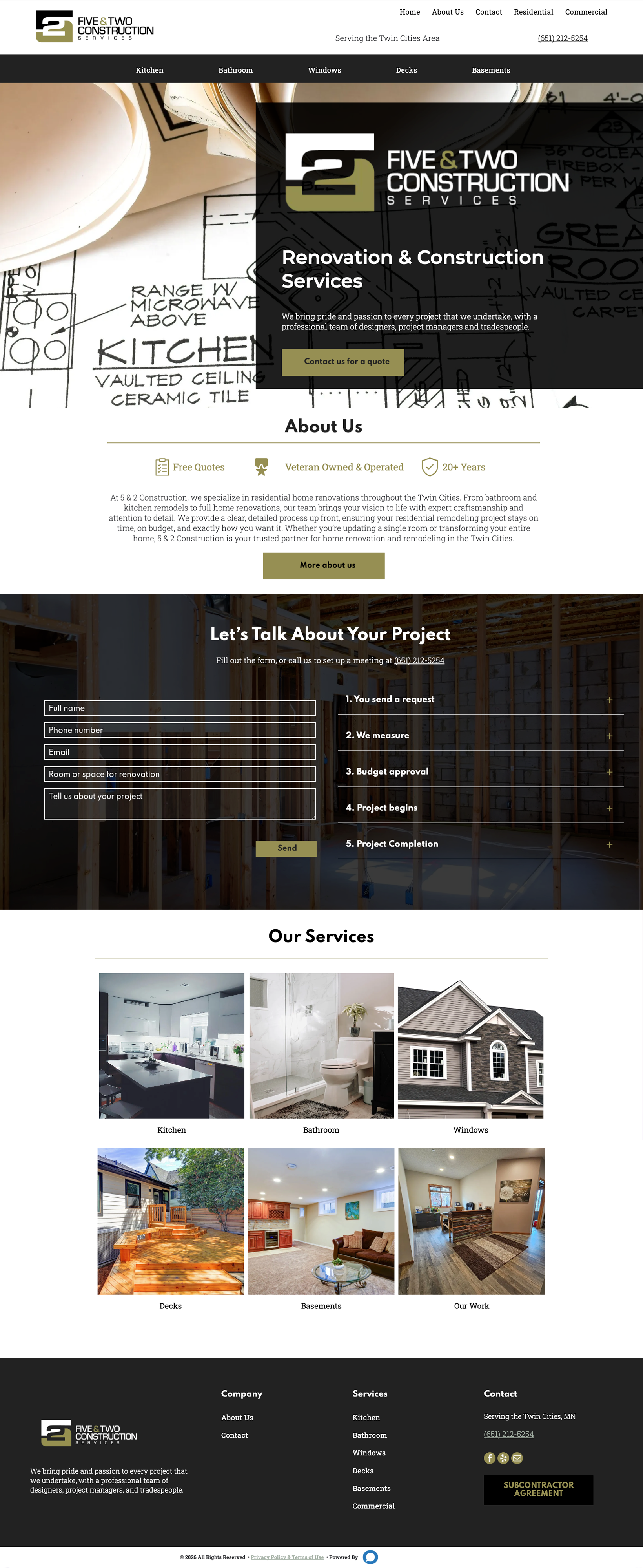 Website for Five Star Construction, featuring renovation services, a contact form, and project photos.