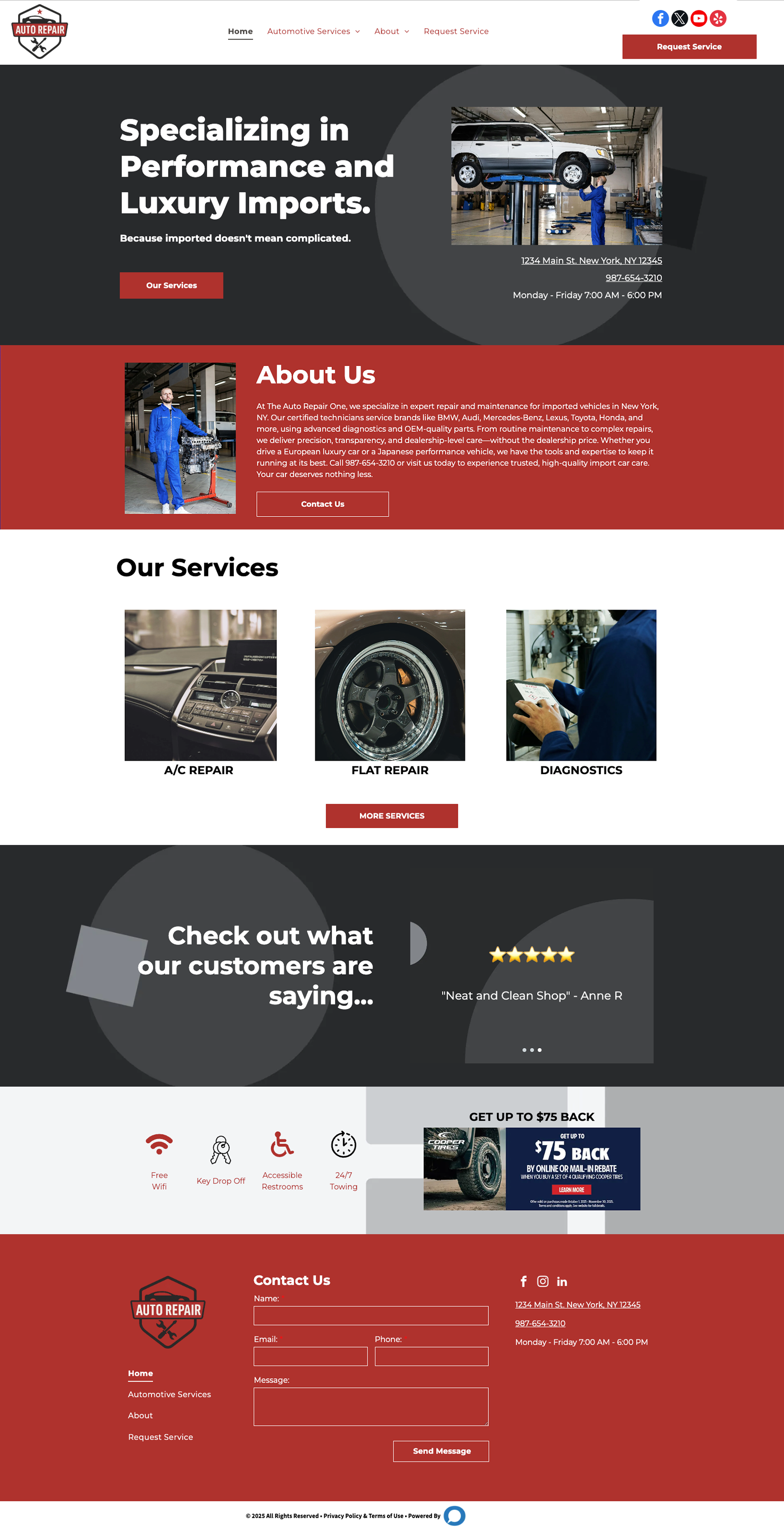 Homepage of an auto repair shop website, featuring services, company info, customer reviews, and contact information.