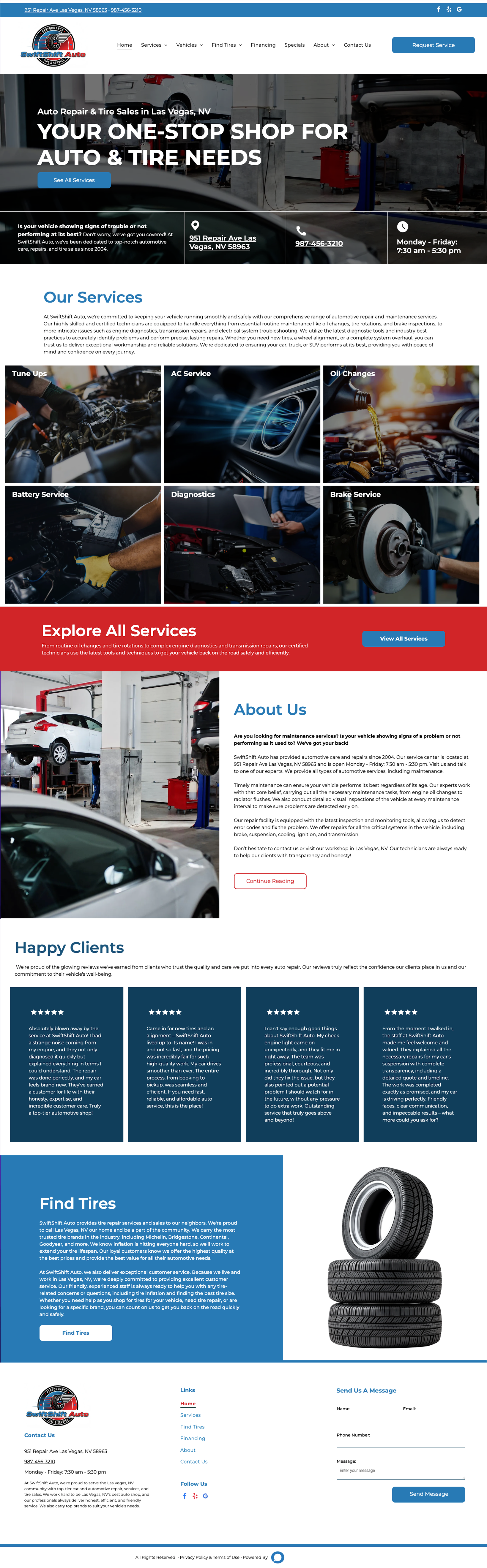 Homepage for a professional auto repair and tire service center, featuring service highlights, about us, and contact info.