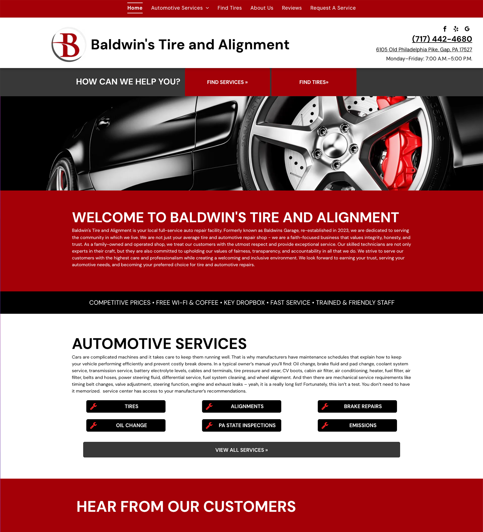 Baldwin's Tire and Alignment website homepage featuring automotive services, contact information, and business branding.