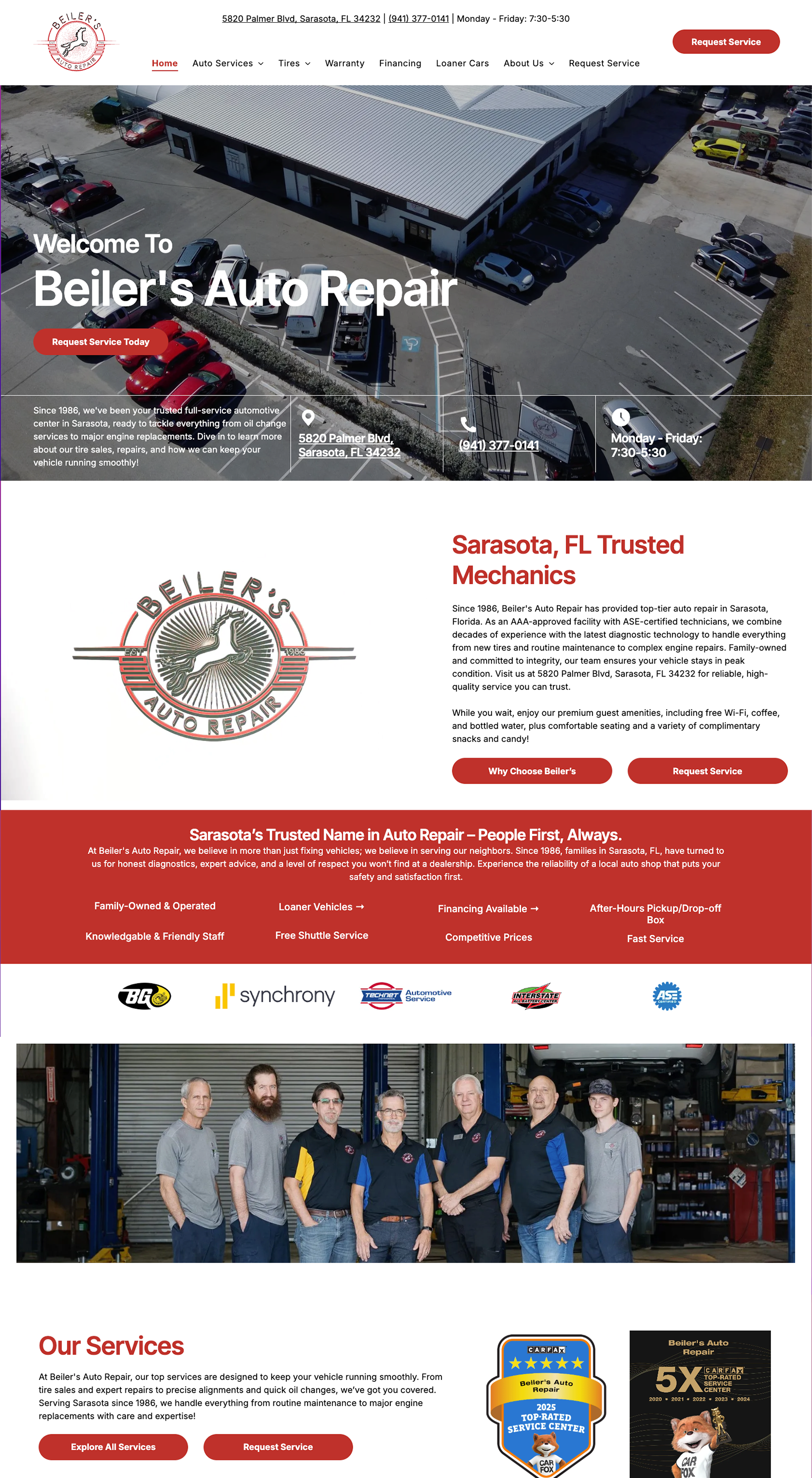 Homepage for Beller's Auto Repair with service banner, red accents, and staff photo collage