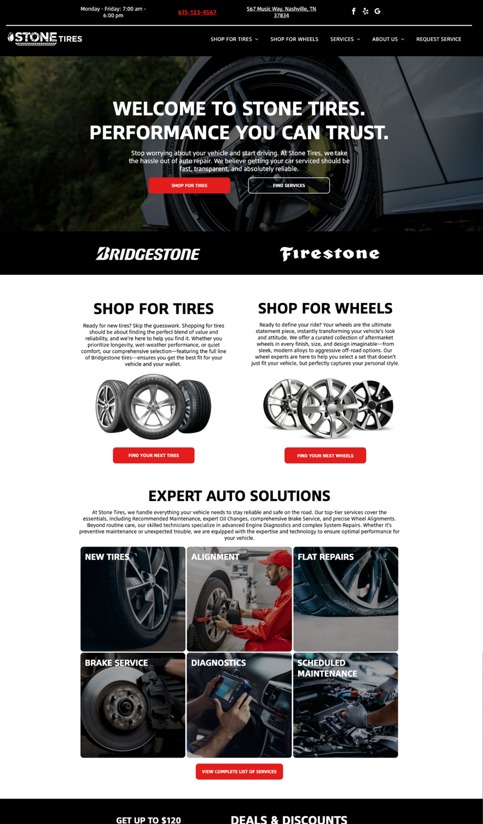 Stone Tires website homepage showcasing tires, wheels, and auto repair services with links to browse products and services.