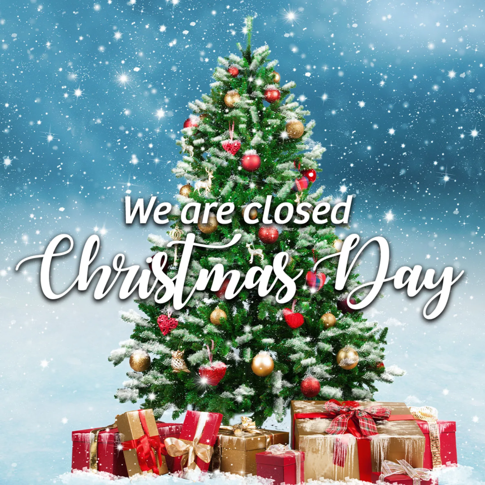 A Christmas tree adorned with ornaments and gifts on a snowy background, with text that reads: 