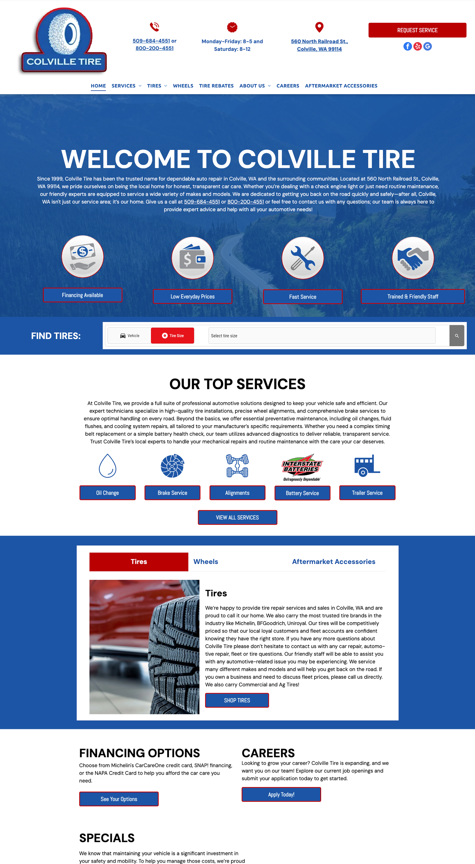 Colville Tire website homepage with blue header, service icons, search bar, and tire promo sections