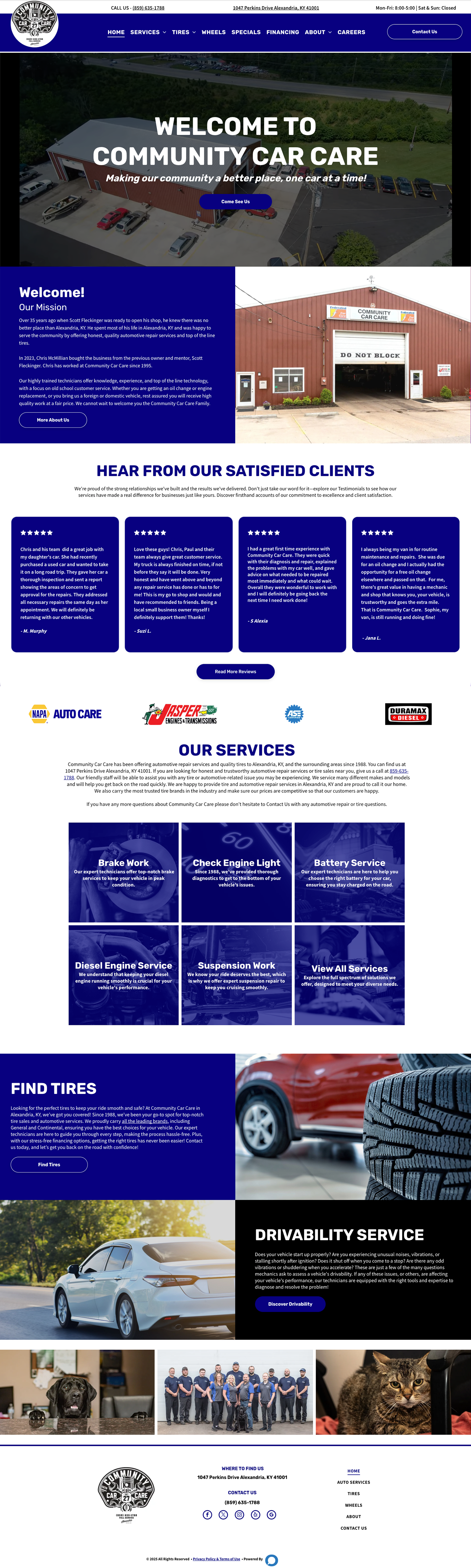 Homepage for Community Car Care, featuring automotive service information, facility images, and contact details.