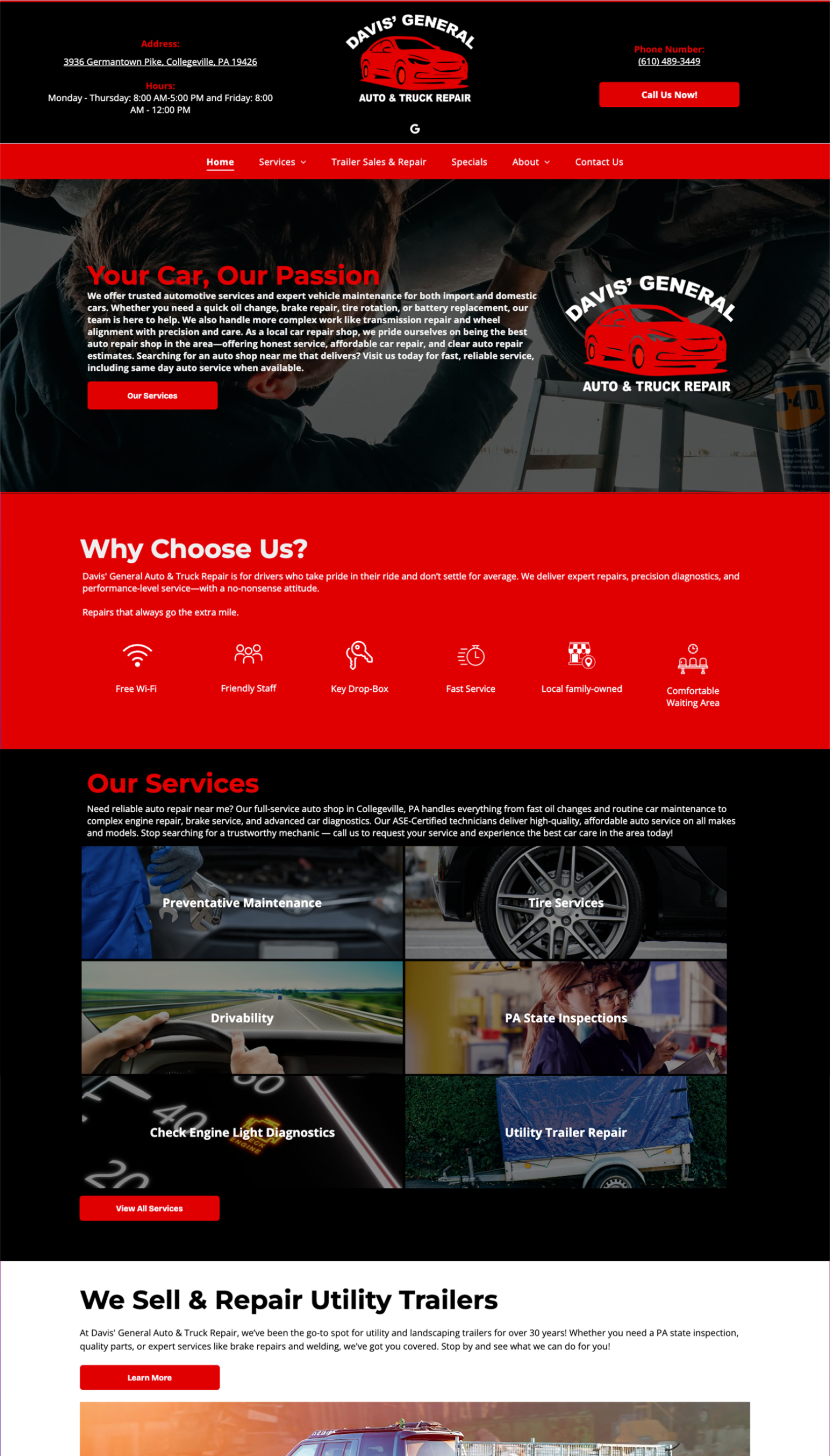 Website screenshot for Galaxy Garage, featuring red branding, service icons, and