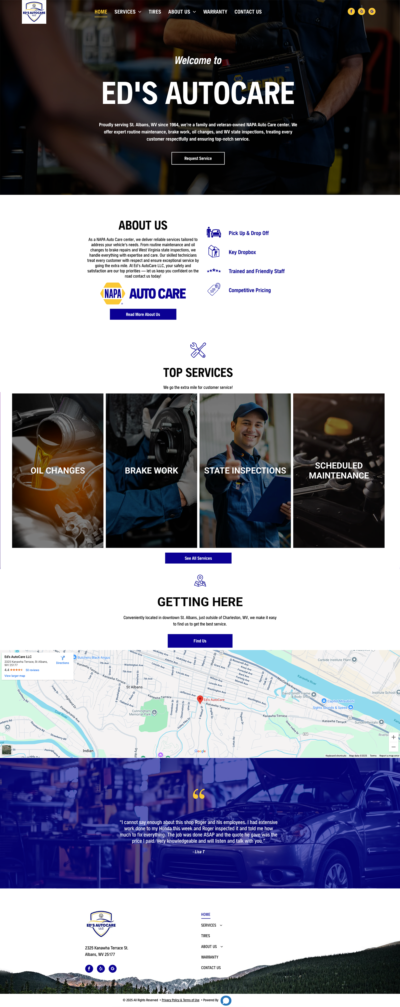Homepage for Ed's Autocare featuring service information, a contact form, and a map showing the shop's location.