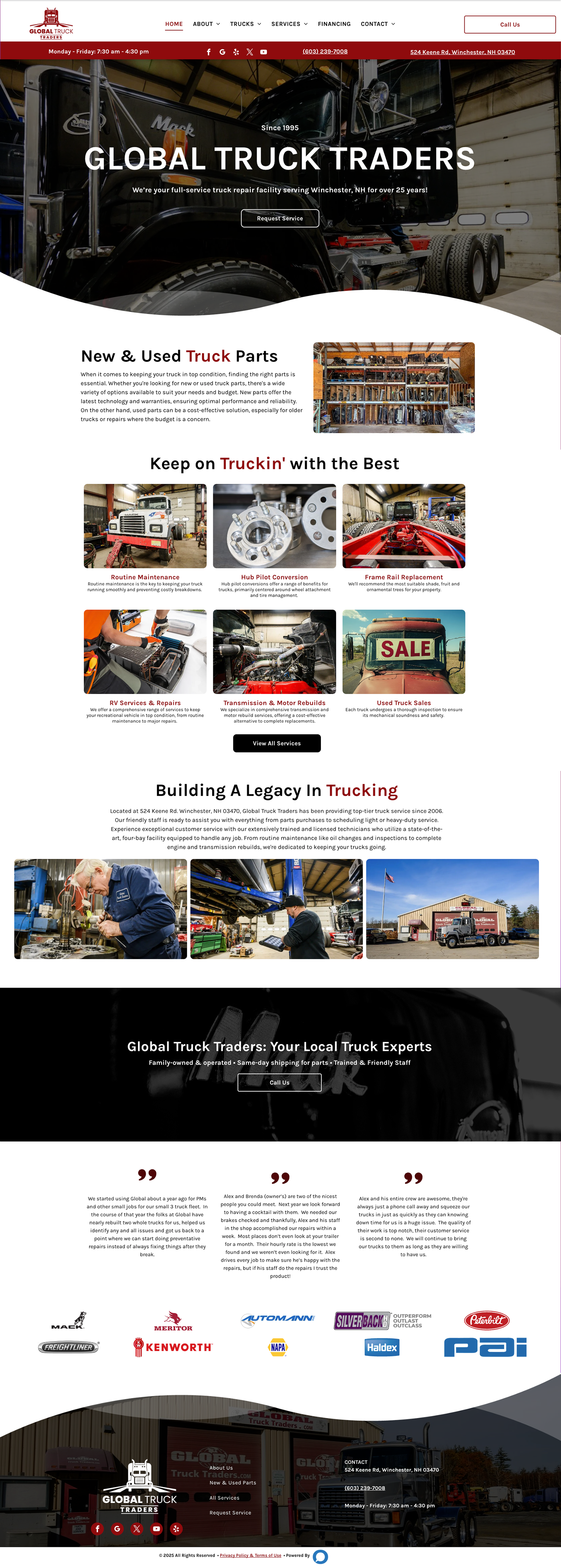 A Global Truck Traders website homepage featuring truck parts, service highlights, and partner logos.
