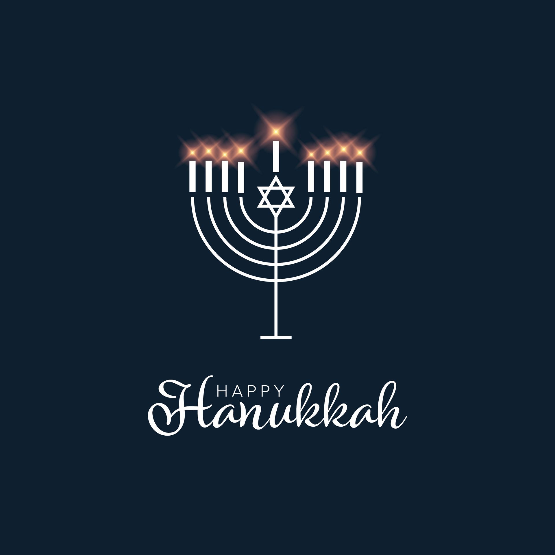 A white line-art menorah with glowing candle flames and a Star of David on a dark blue background, reading 