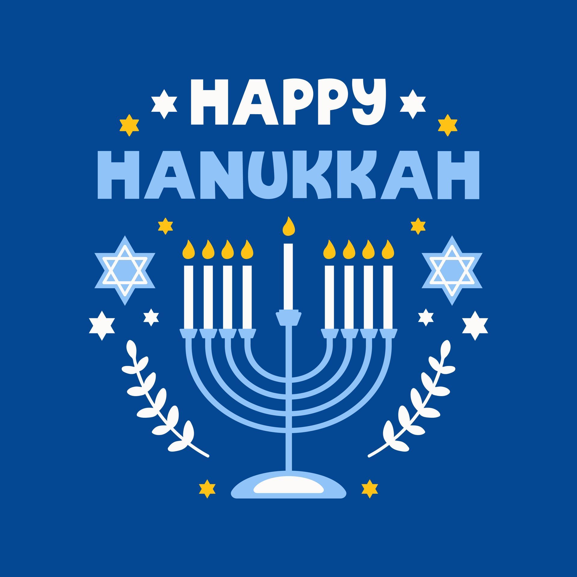 A light blue menorah with lit candles sits below the text 