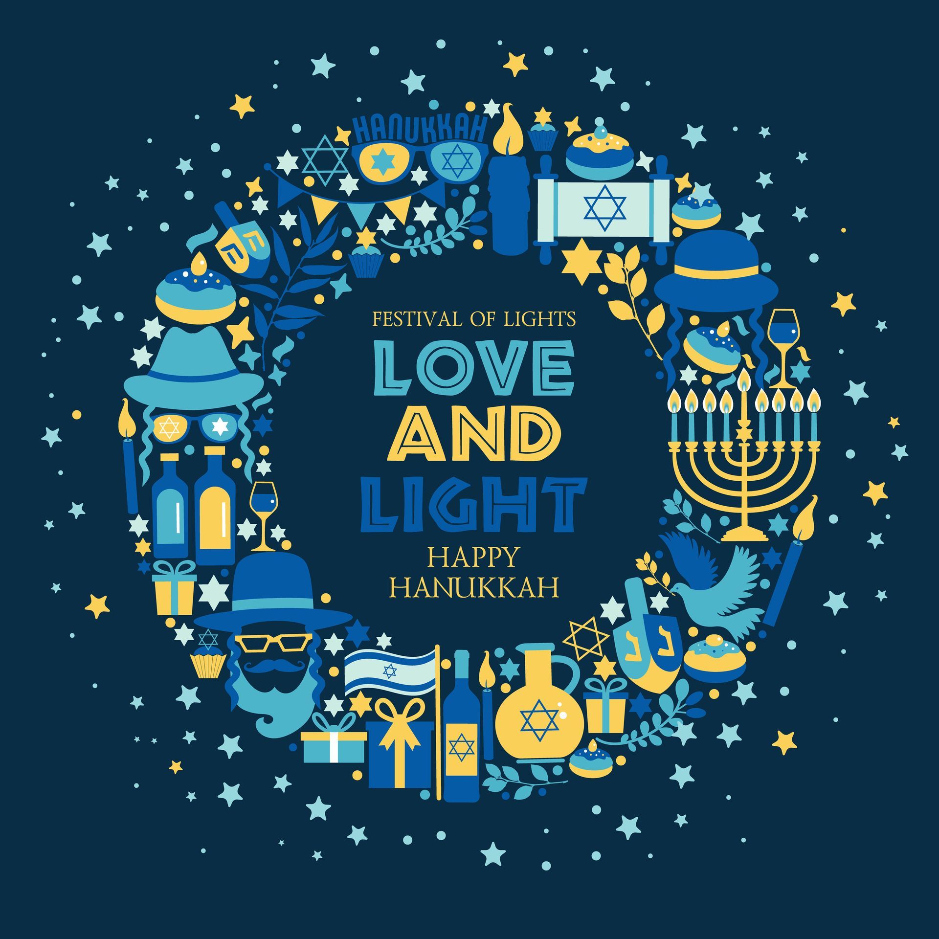 A circular wreath of blue and yellow Hanukkah icons—menorahs, dreidels, and gifts—surrounding the text 