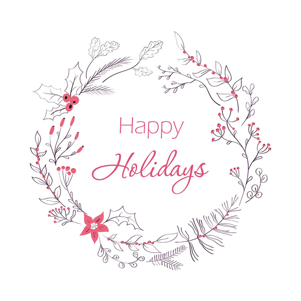 A delicate circular wreath of line-drawn holiday greenery and berries in pink and grey, surrounding 