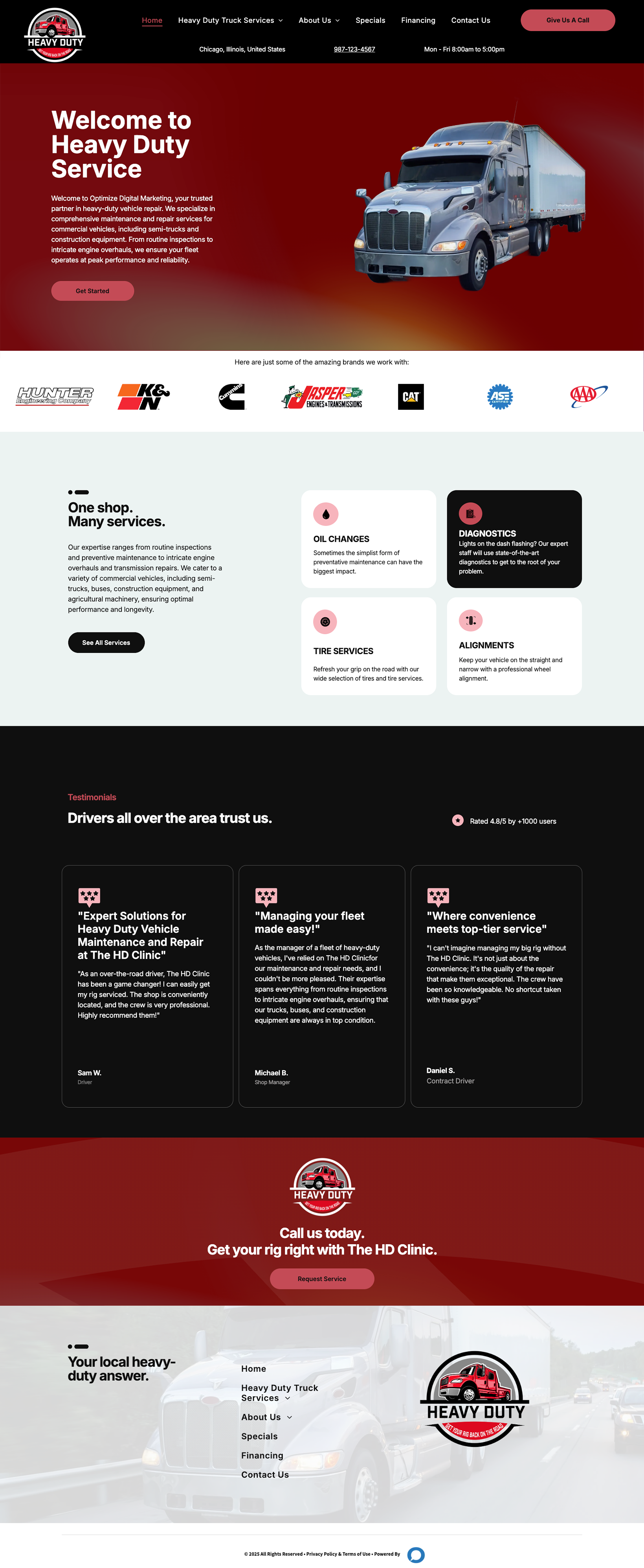 Website for Heavy Duty Service featuring a semi-truck, contact information, services, and branding in red and white.