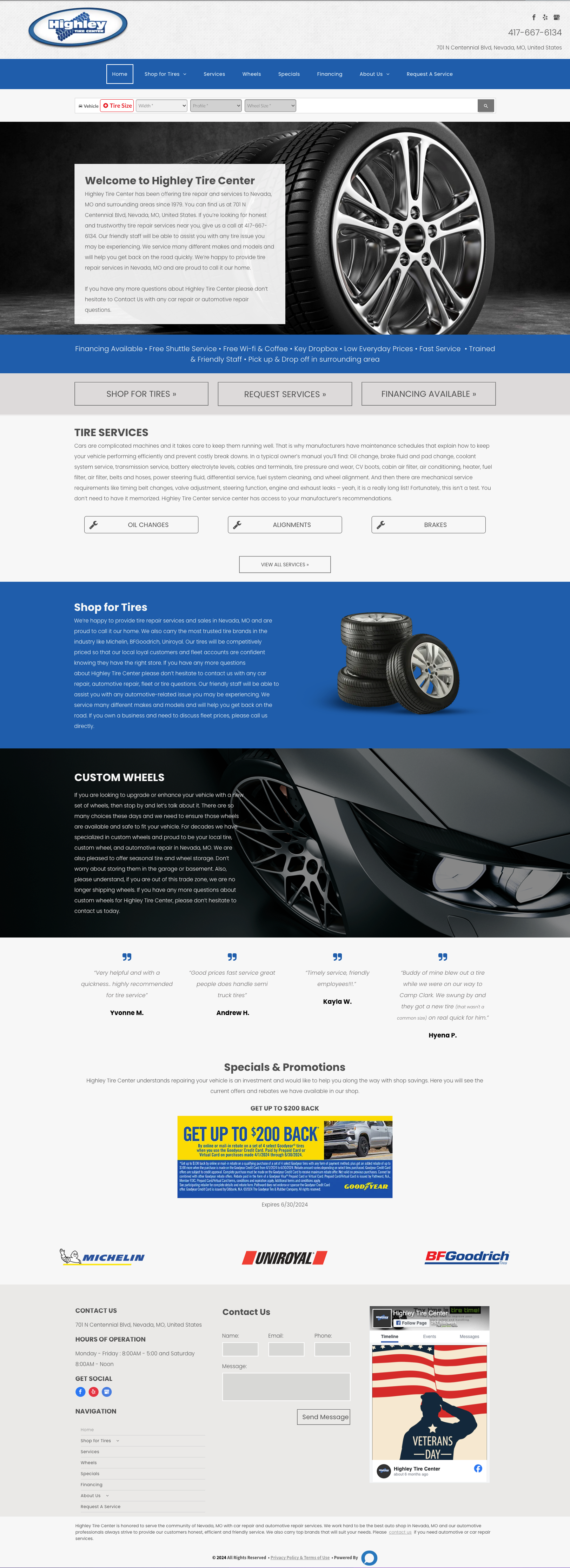 A webpage for a tire company showcasing various products, brand logos, and promotional information.