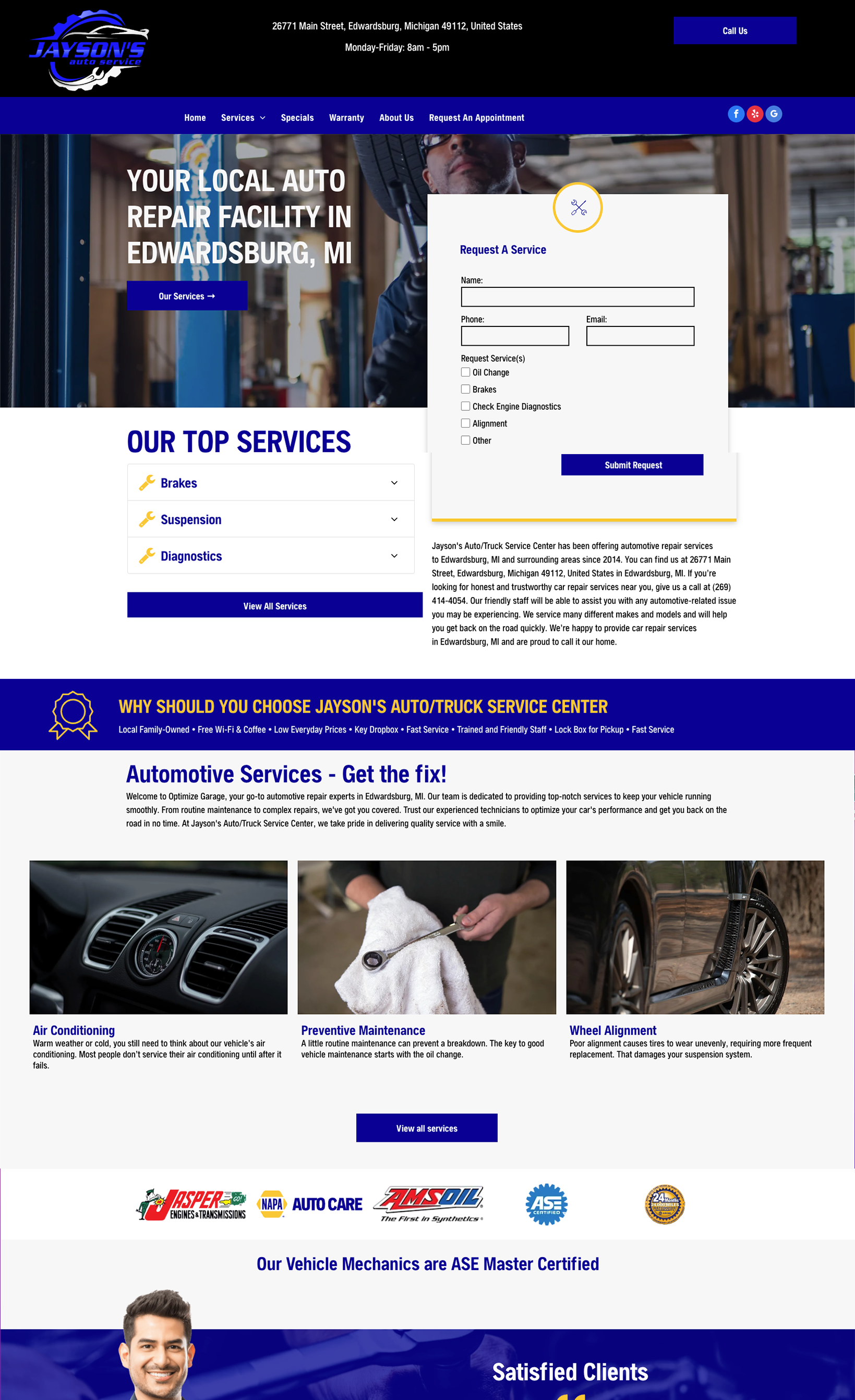 Website landing page for a car repair facility in Edinburgh, IN featuring contact forms and featured services.