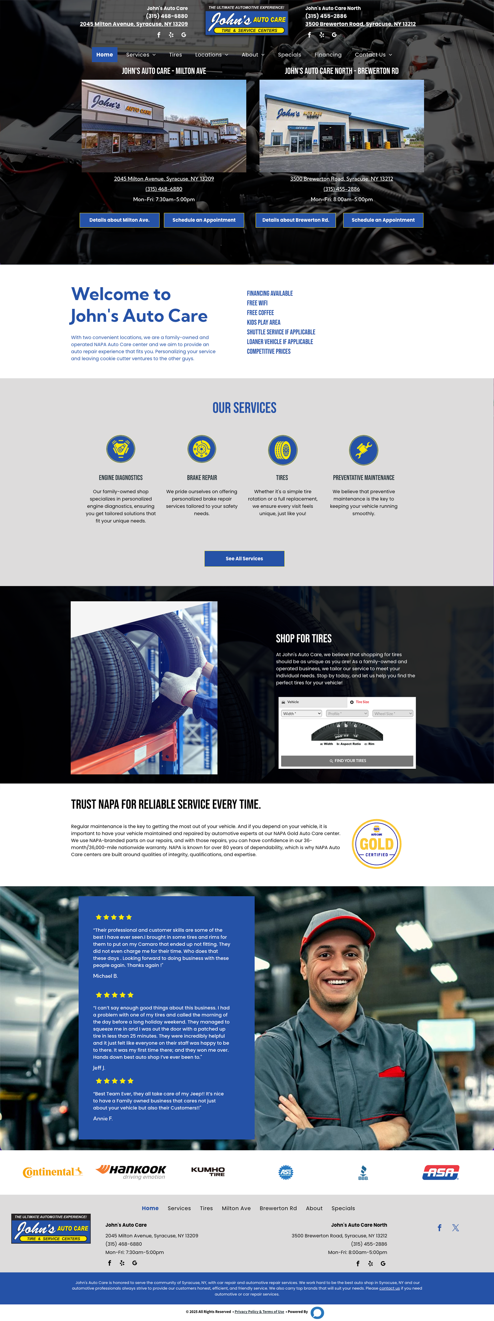 Website homepage for an auto repair shop featuring images of a facility, services, a mechanic, and partner logos.