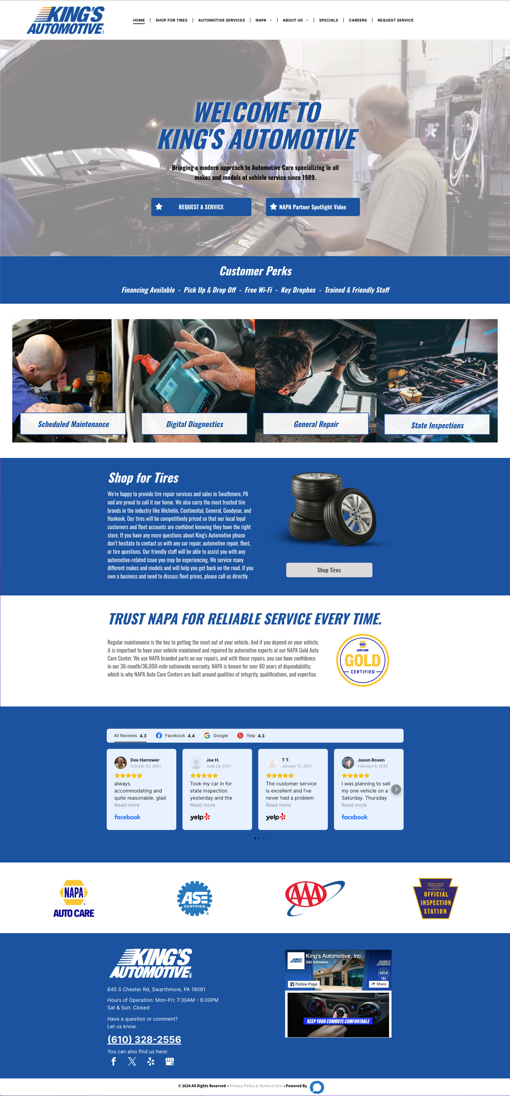 Homepage for King's Automotive featuring service links, featured car listings, and company contact information.