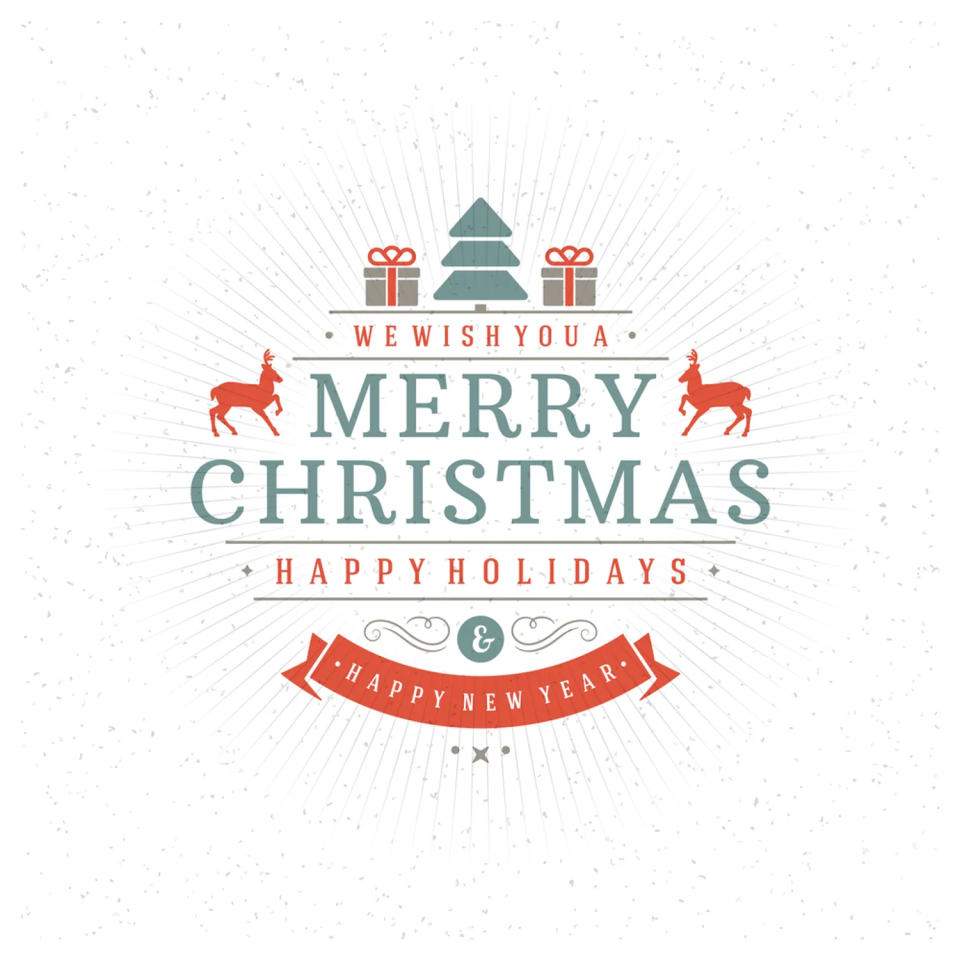 A minimalist Christmas card design featuring stylized reindeer, gifts, a tree, and text in red and teal on white.