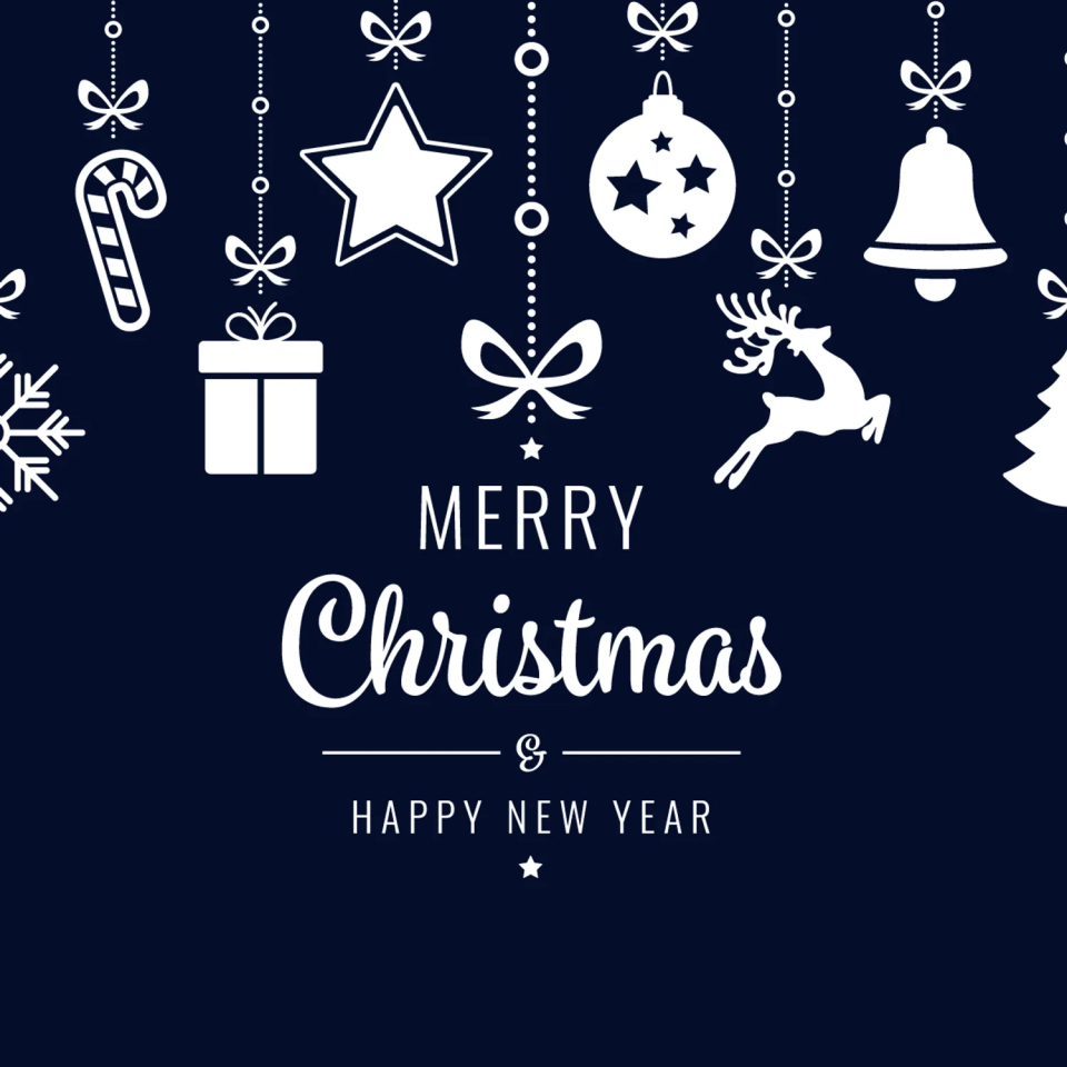 White festive ornaments hanging against a dark blue background with the text 