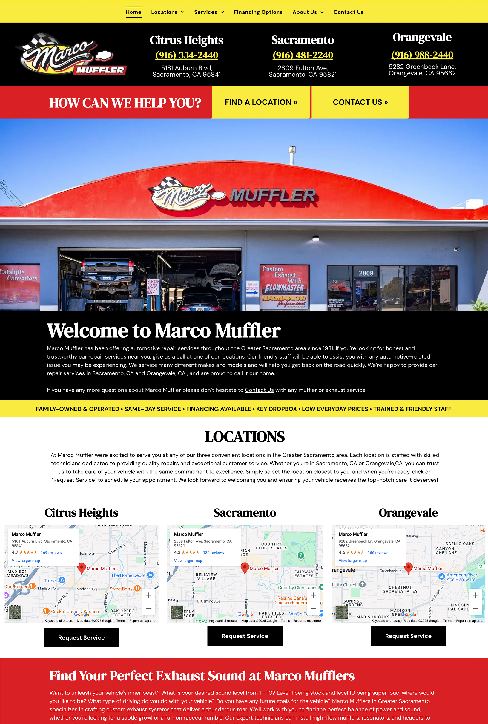 Metro Muffler website homepage featuring service center branding, store location maps, and contact information.