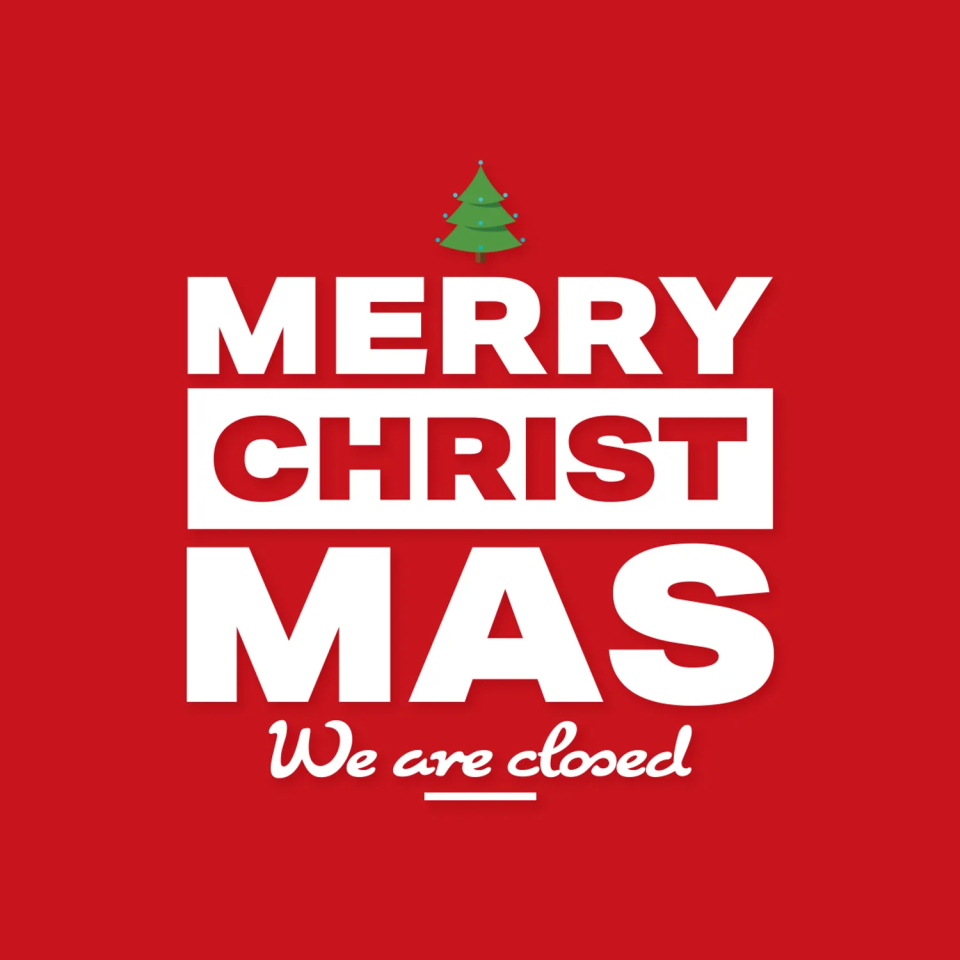 A red square graphic with a small green Christmas tree above text that reads: 