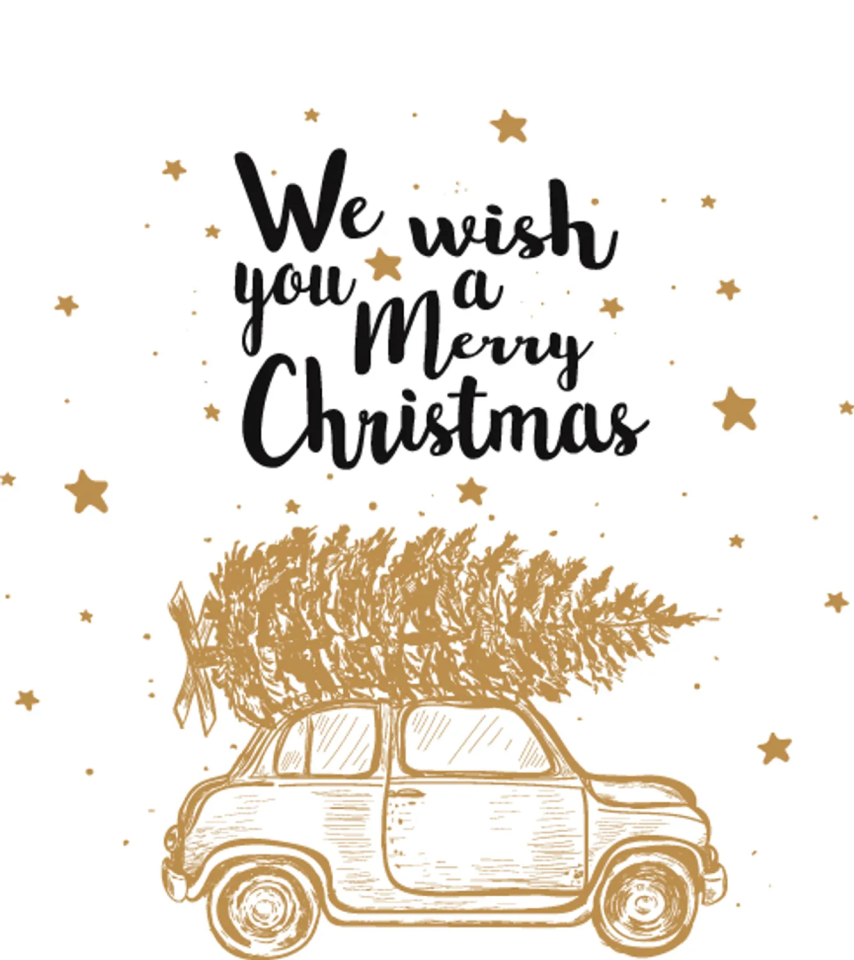 A vintage car carries a Christmas tree on its roof, surrounded by gold stars and the text 