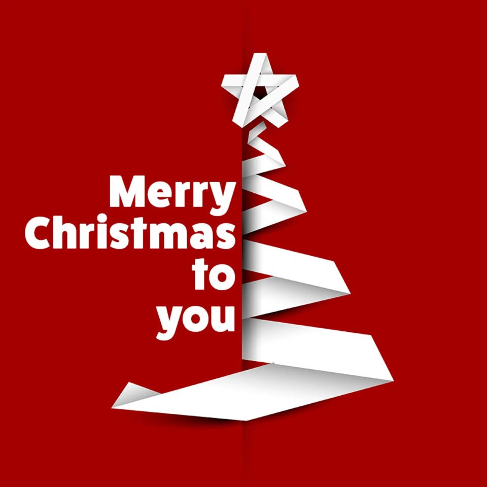 A red background features a minimalist white paper-style Christmas tree, topped with a star, and the text 
