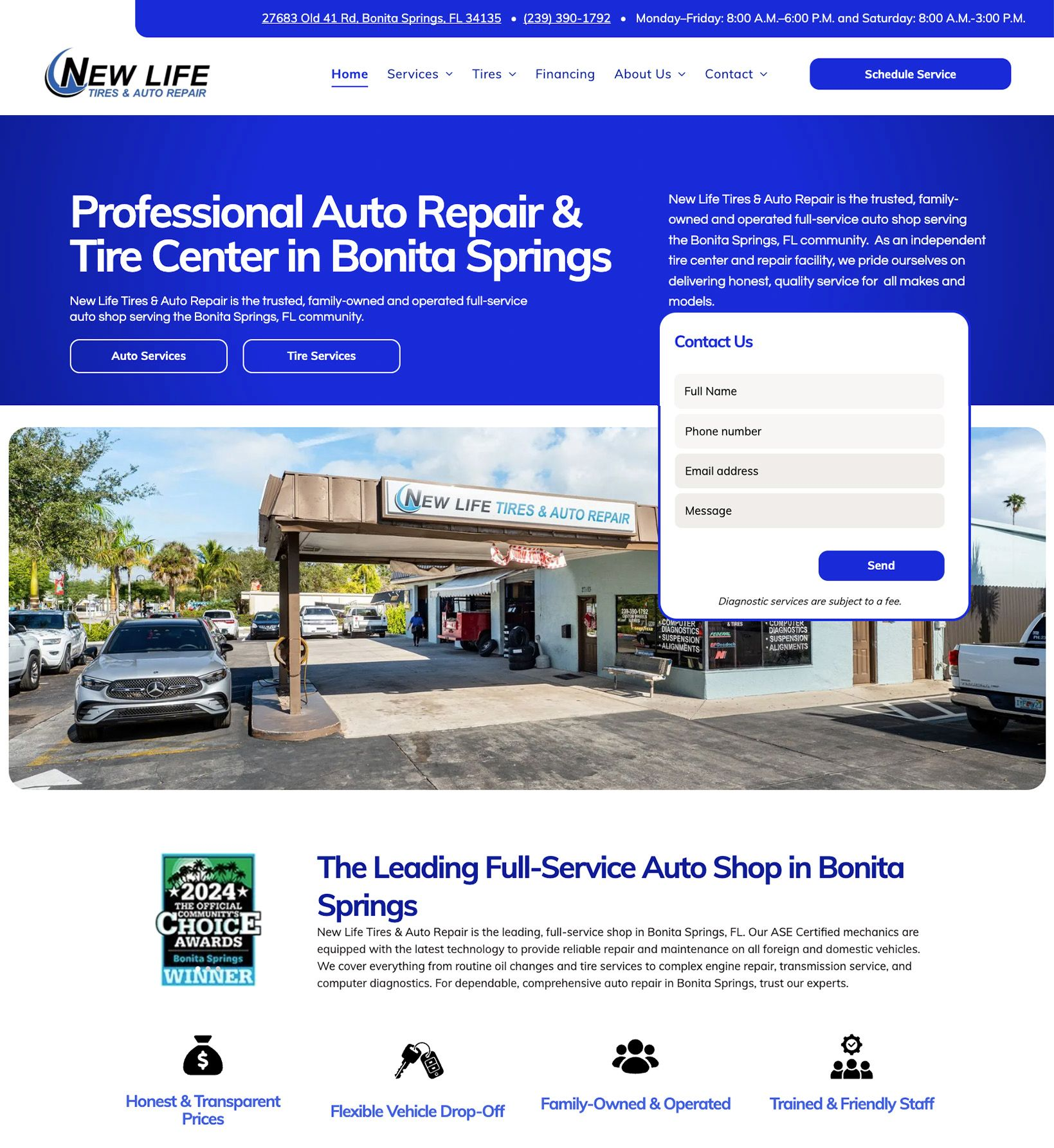 Website homepage for Bonita Springs auto repair, with service garage photo and appointment form