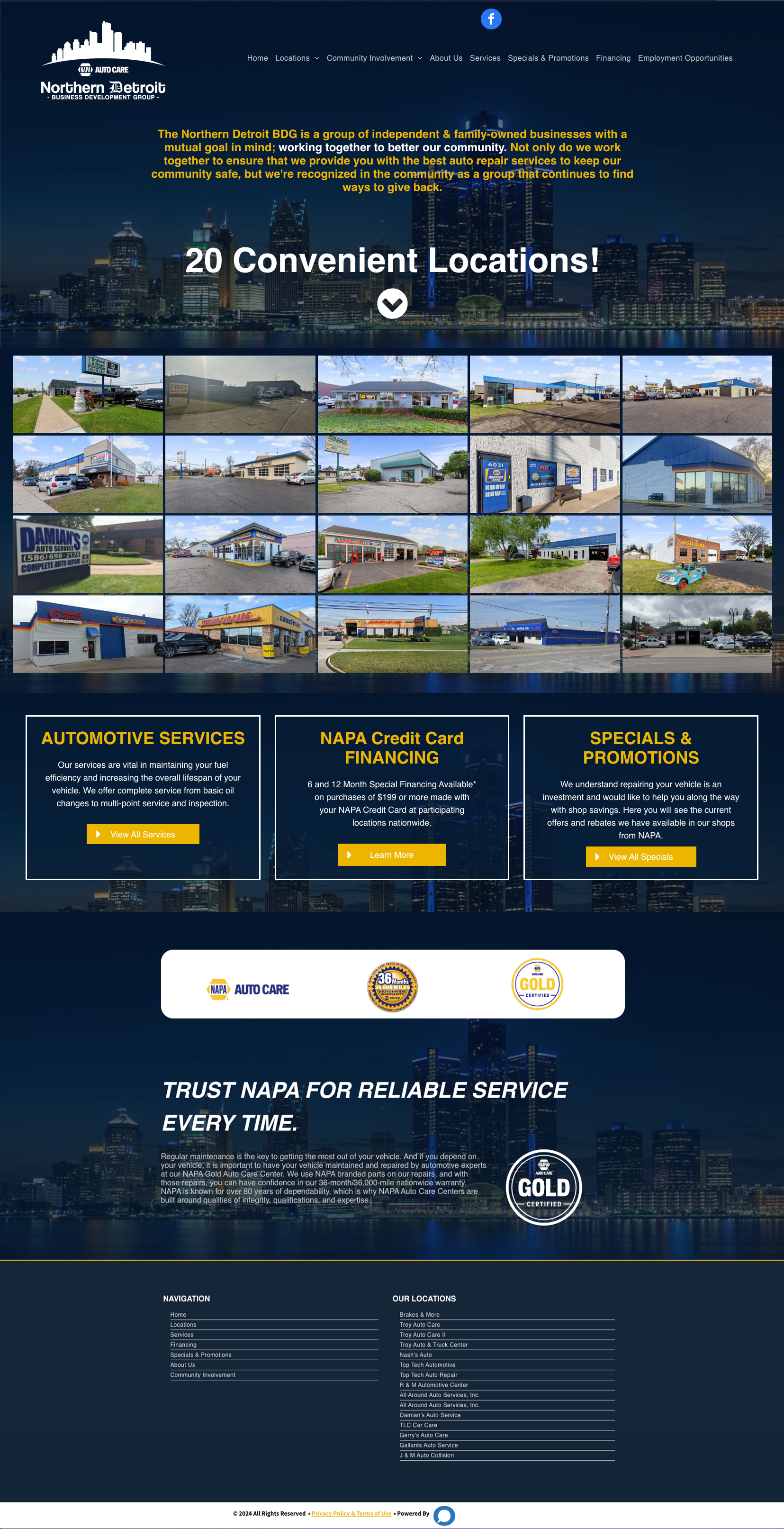 A dark-themed website landing page for Citywide Auto, showcasing 20 locations, service categories, and contact details.