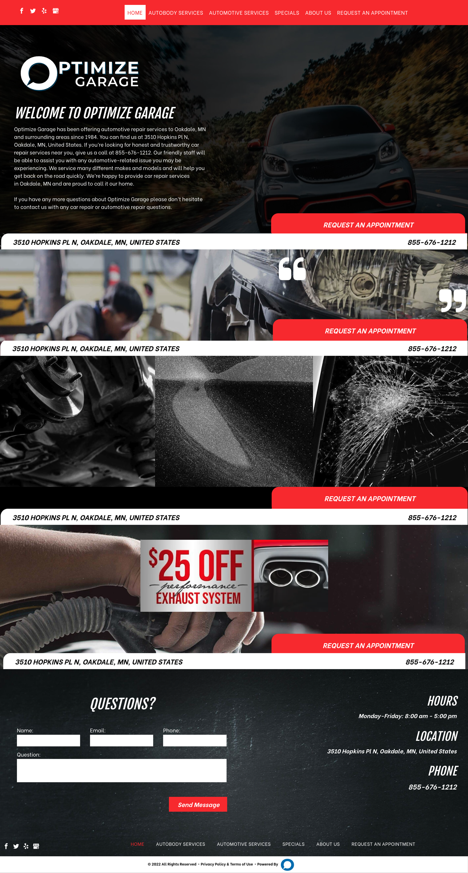 Optimize Garage website homepage featuring car detailing services, promotional offers, and a contact request form.