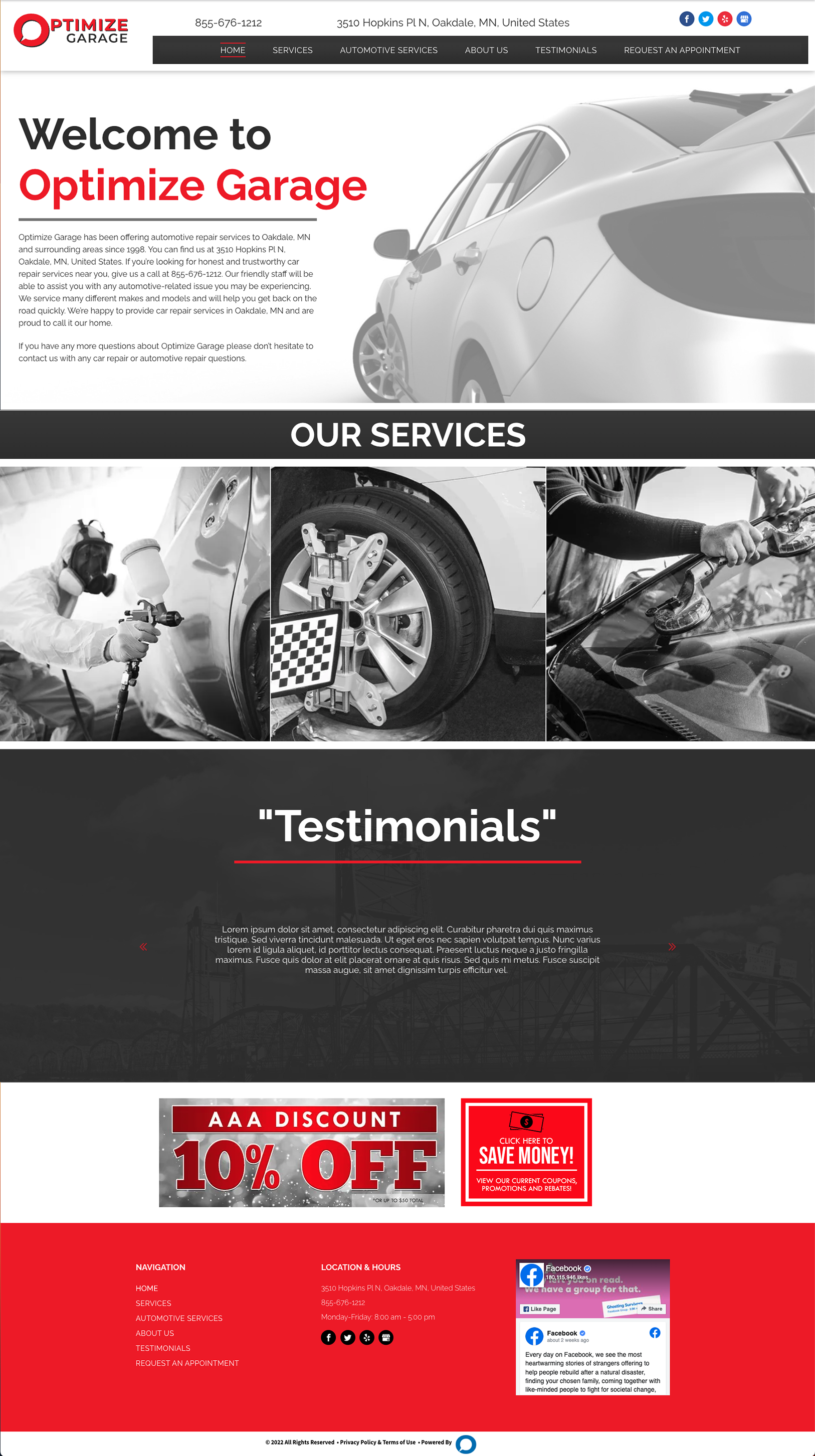 A screenshot of the Optimize Garage website homepage, showcasing services, testimonials, and contact details.