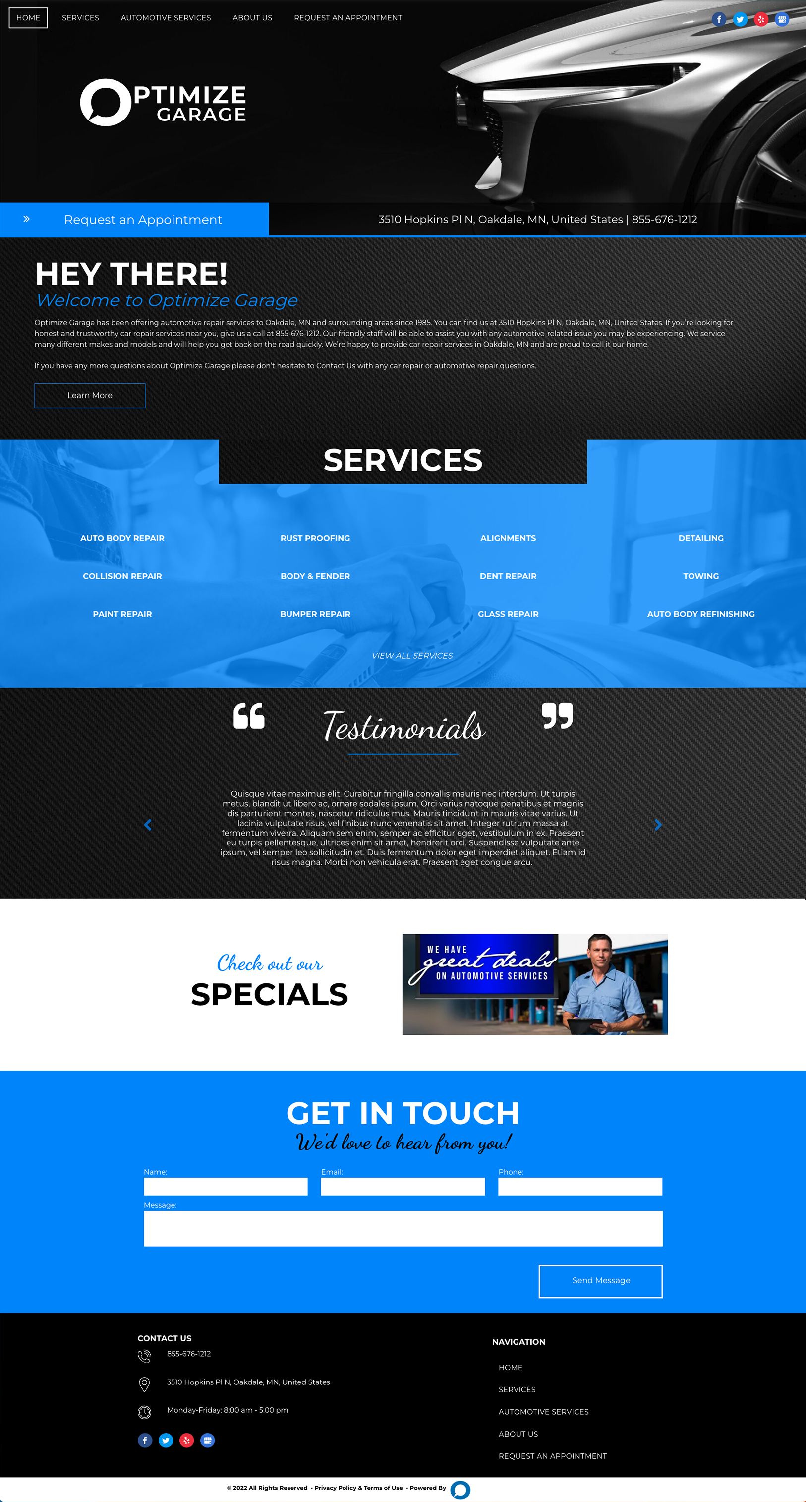 Webpage for Performance Imports, showcasing automotive services, specials, and a contact form on a dark, blue-accented site.
