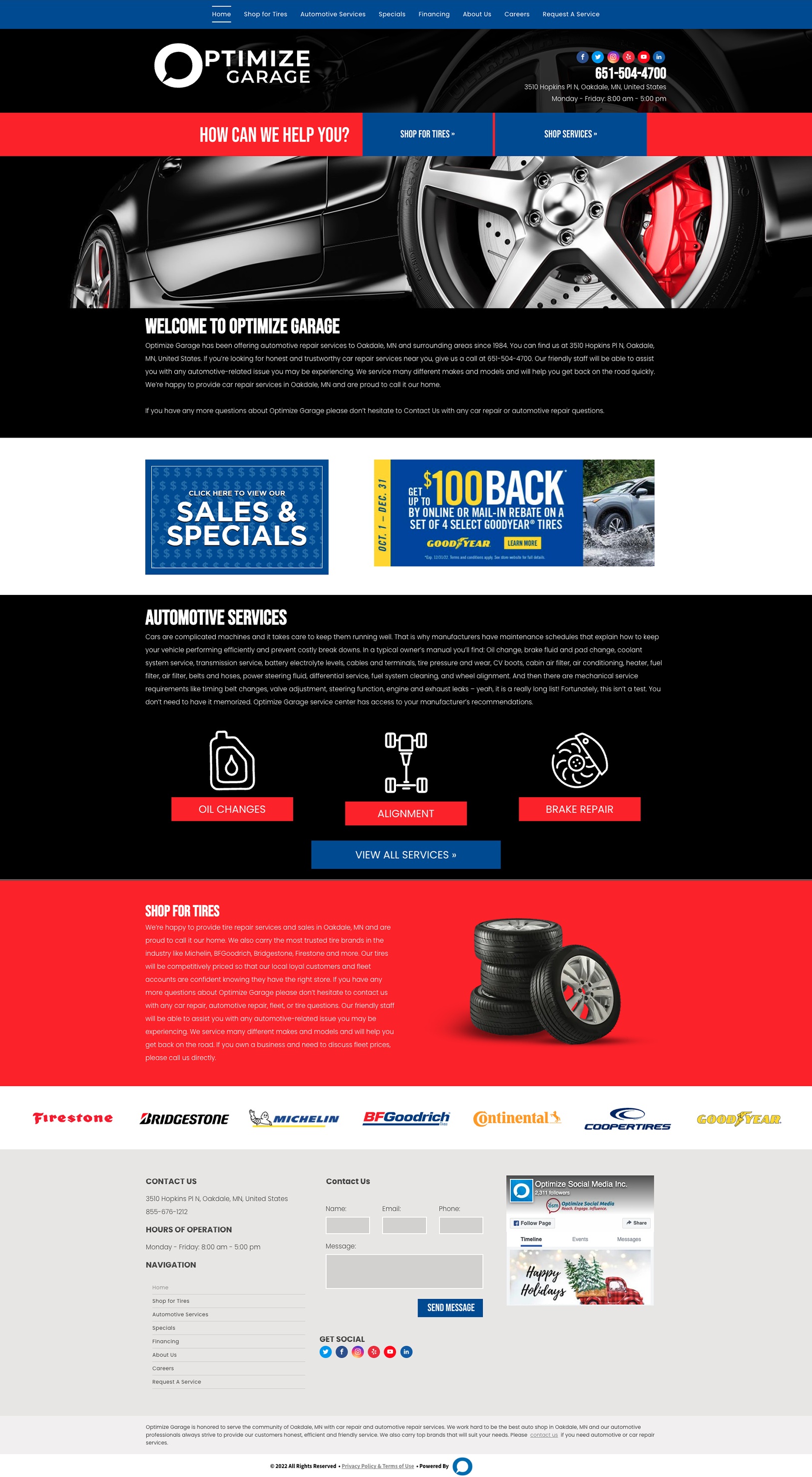 Homepage of Performance Wheels website, featuring a car wheel, service icons, special offers, and contact information.