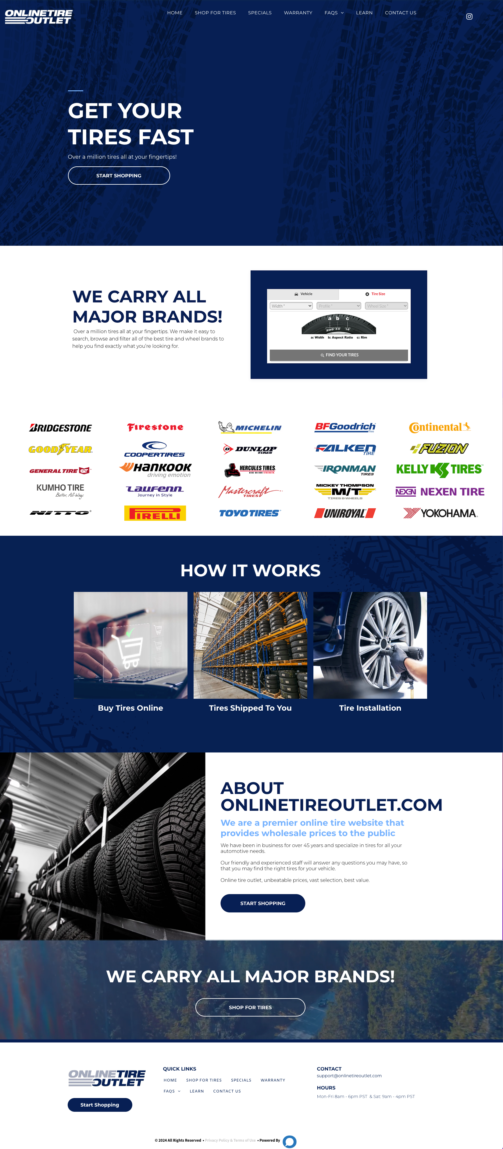 Tire Outlet website homepage featuring search tools, featured tire brands, and a how-it-works section.