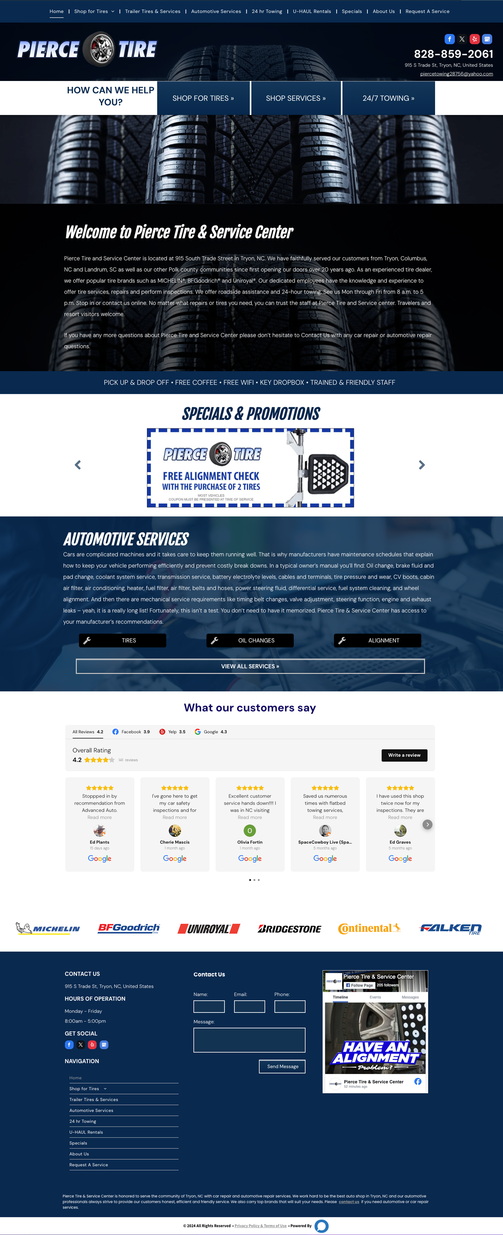 The homepage of a tire sales website featuring search tools, promotional banners, product listings, and contact information.