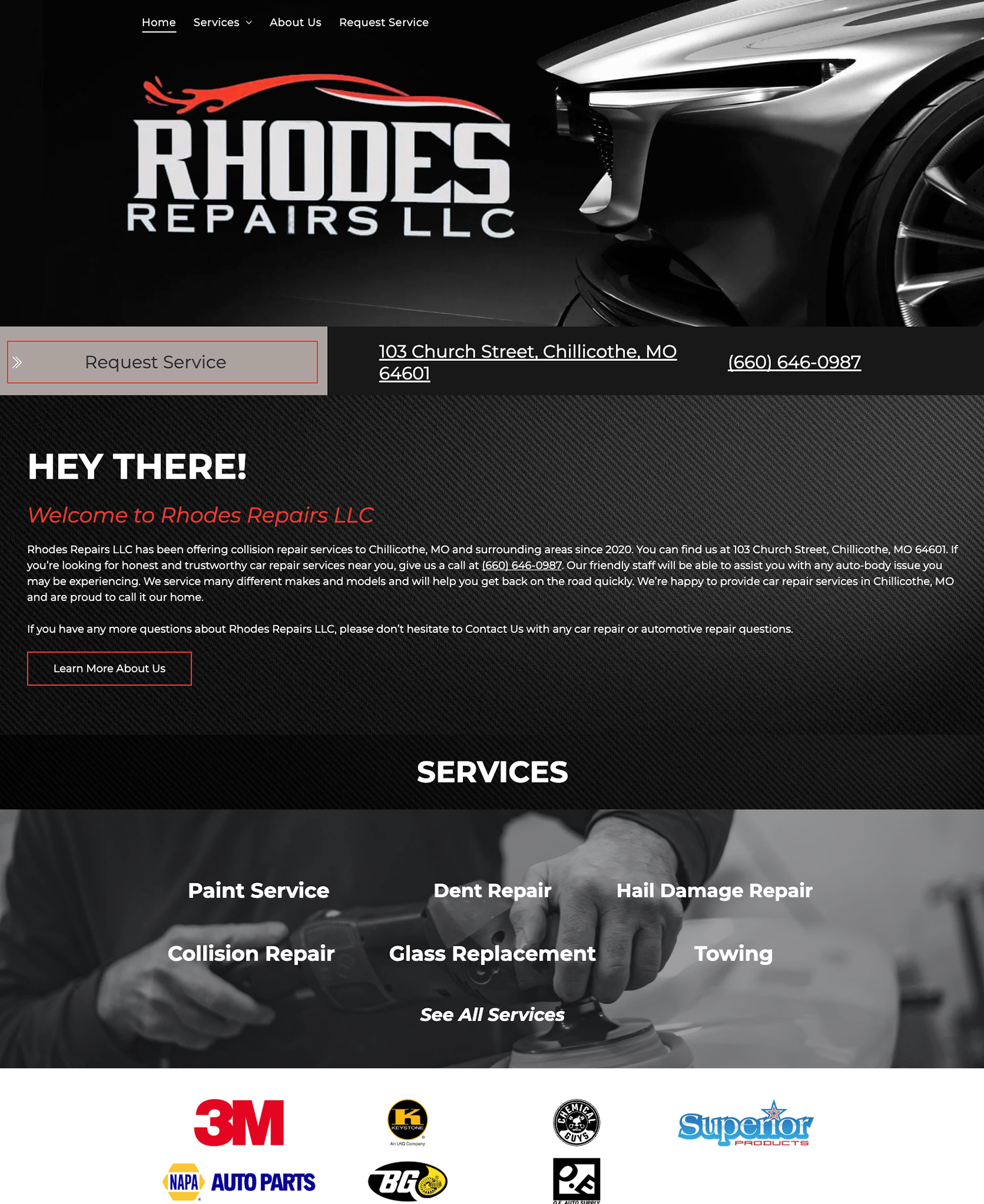 Rhodes Repairs LLC auto repair website homepage with black sports car and service list