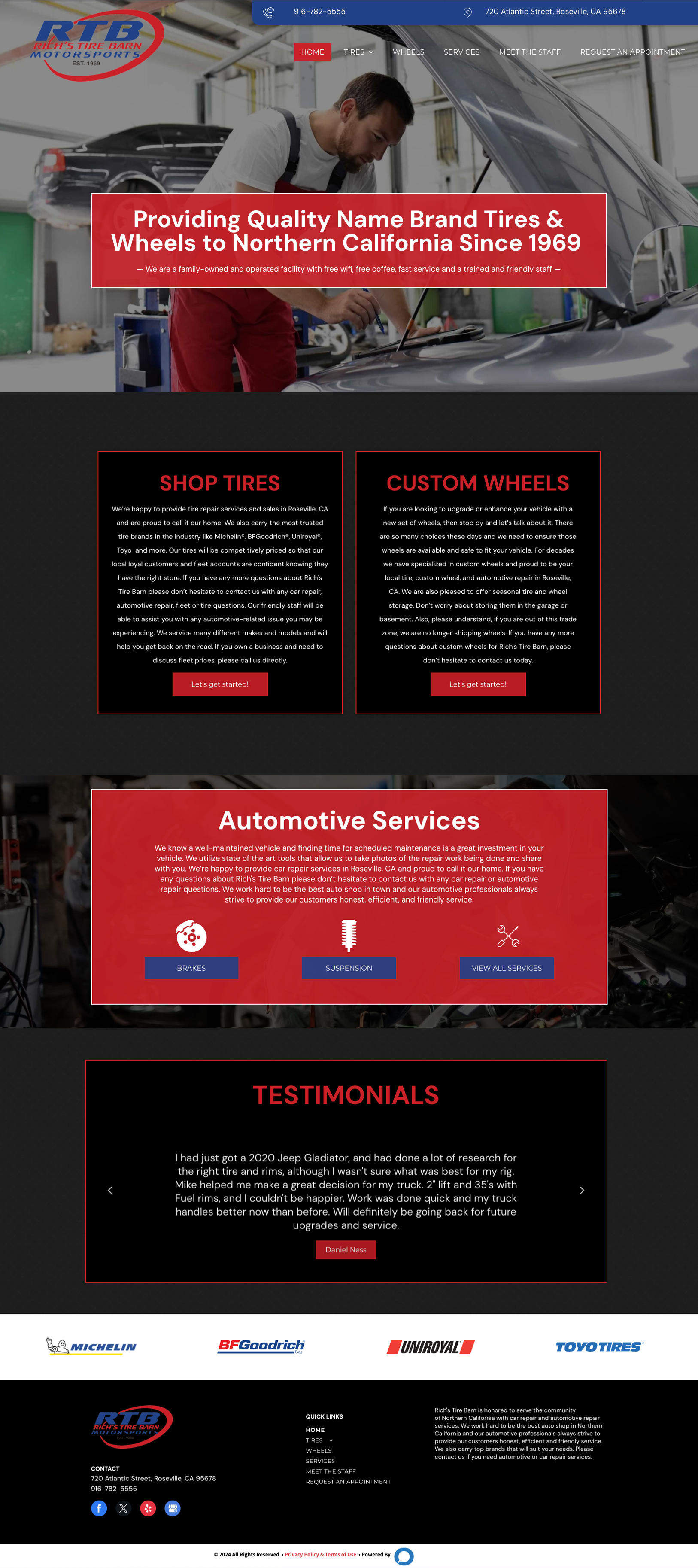 A website landing page for BTD detailing tire and wheel services, including a testimonials section and contact information.