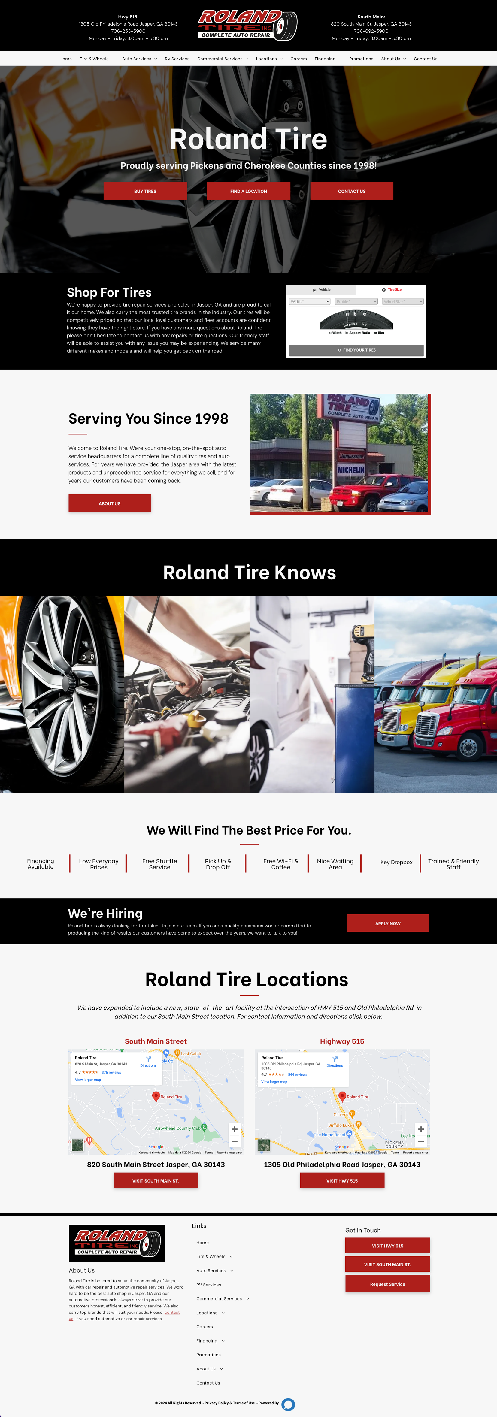Website homepage for Roland Tire featuring services, location maps, contact info, and promotional tire brand links.