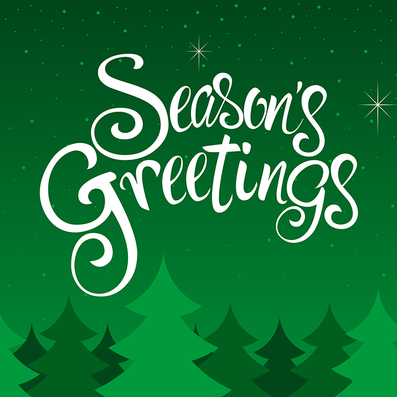 Season's Greetings text in white script against a green background with illustrated pine trees and twinkling stars.