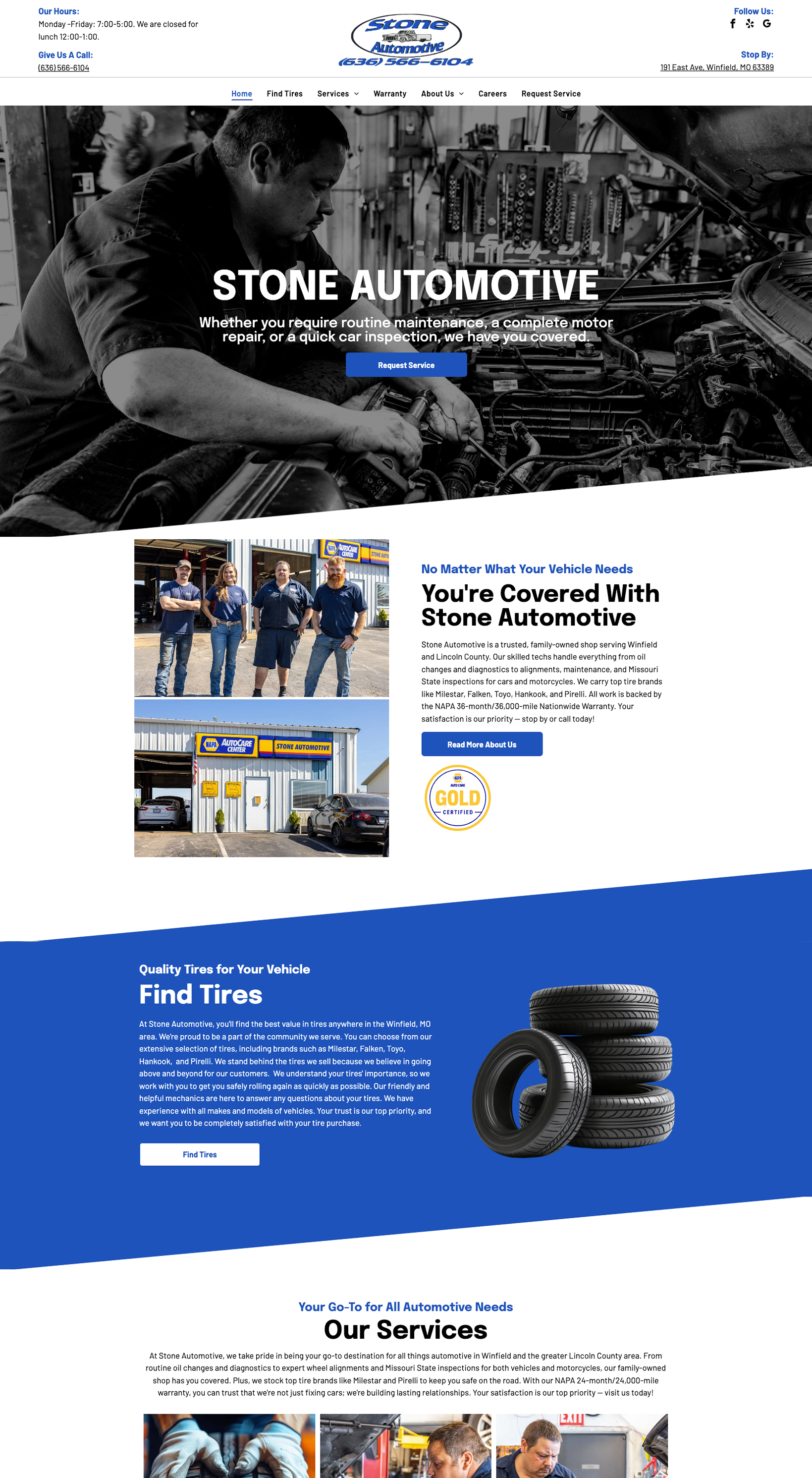 Homepage of Village Automotive Center, featuring service offerings, tire promotions, and contact information.