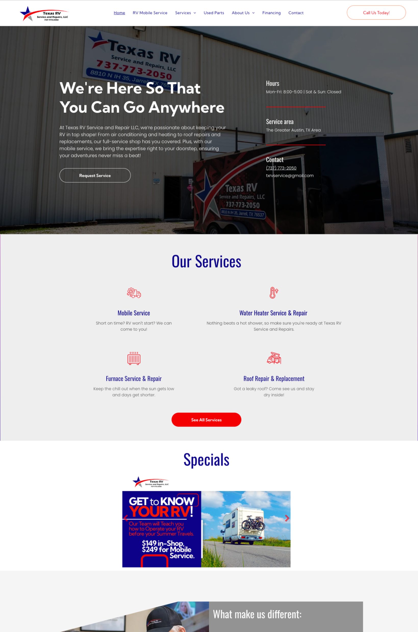 Homepage of the Stars & Stripes Trucking website, featuring service icons, a contact form, and company information.