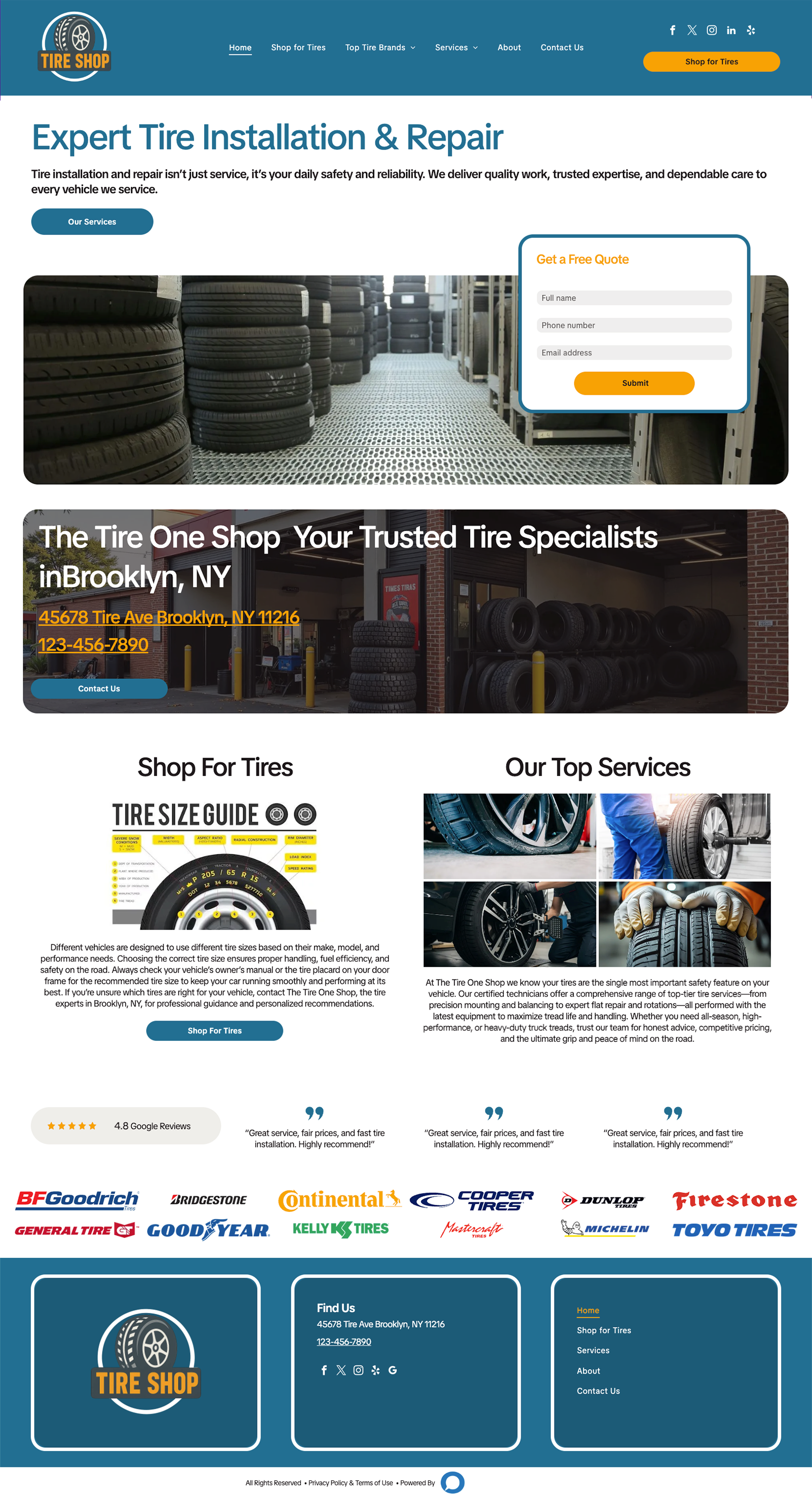 A website homepage for Expert Tire Installation & Repair showing tire services, a quote form, and brand logos.