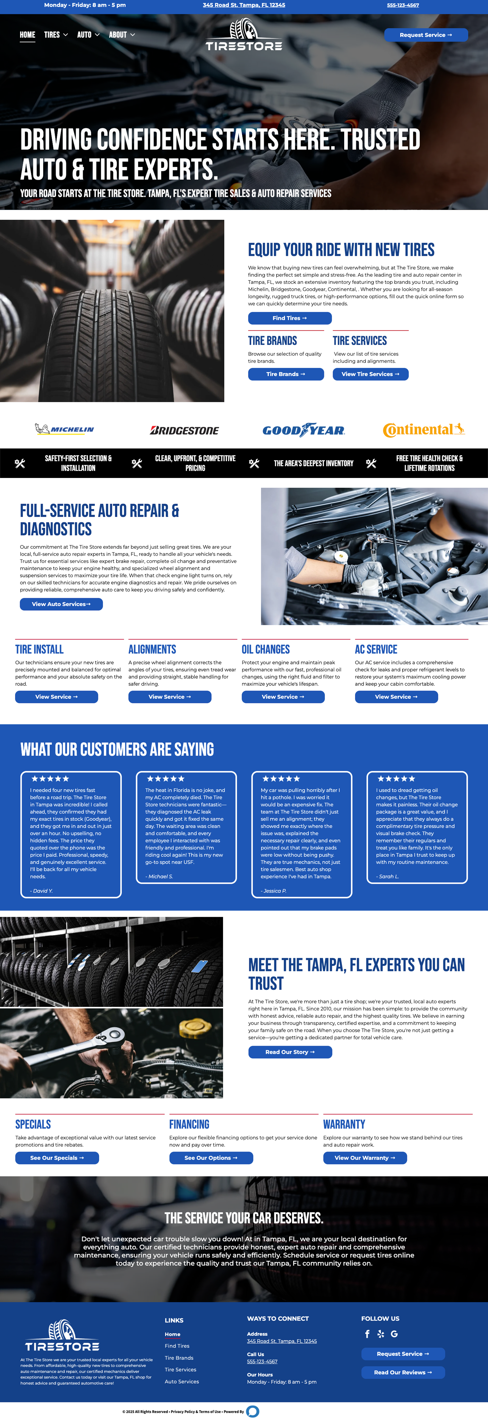 Webpage for a tire services company featuring tire maintenance, repair, wheel alignment, and replacement options.