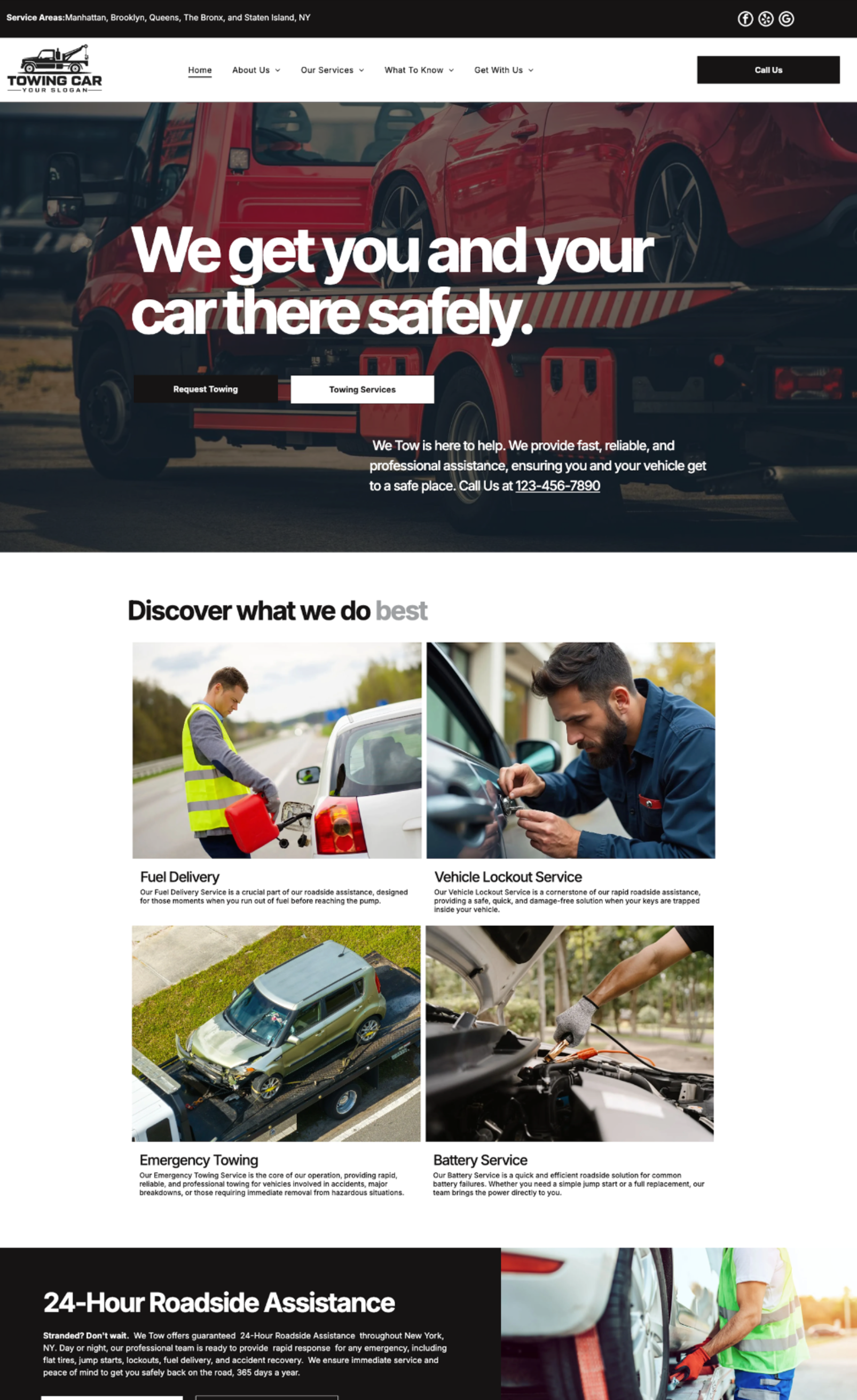 A website hero section for roadside assistance, featuring a tow truck and four service icons for fuel, lockout, towing, and repair.