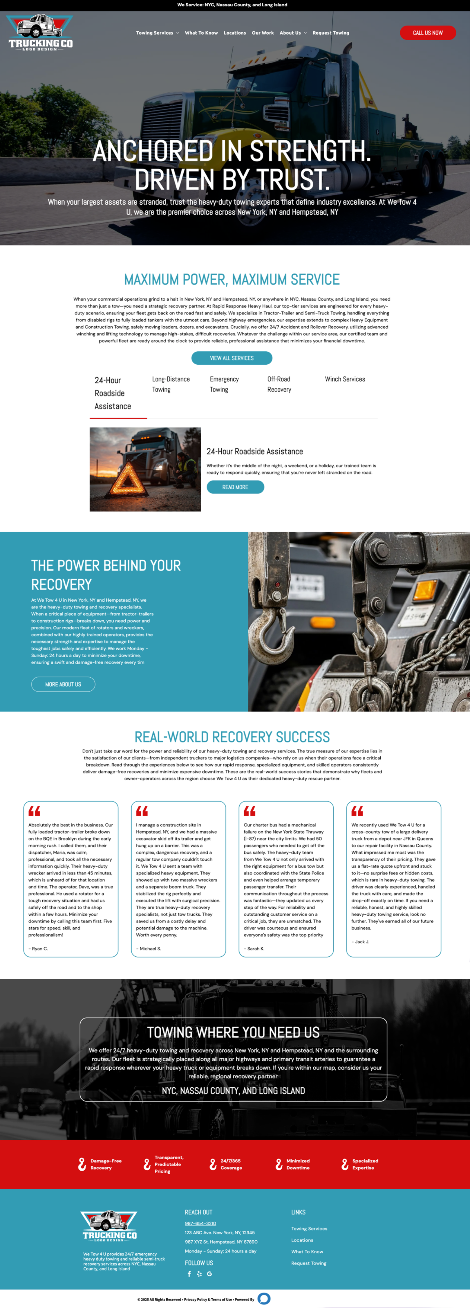 Home page of a logistics company website featuring heavy transport vehicles, service descriptions, and contact information.