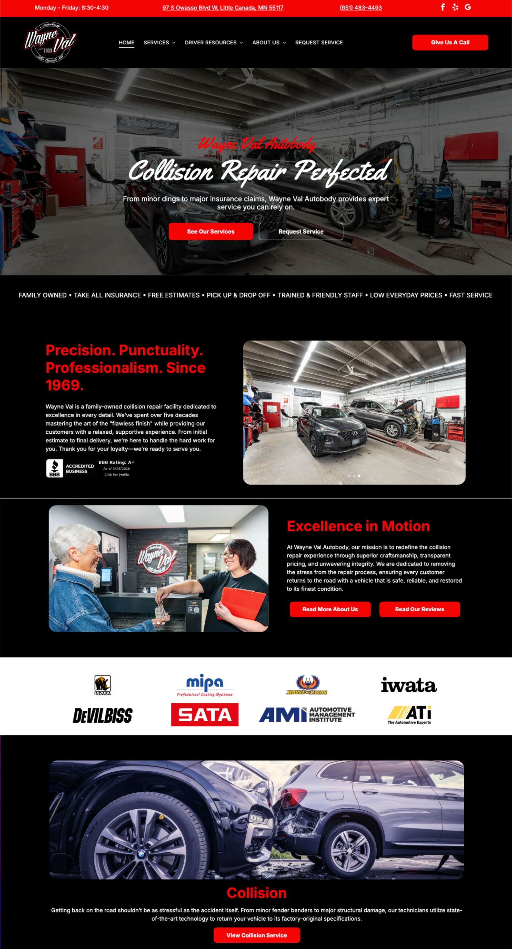 A dark-themed automotive service website homepage featuring car maintenance images, service icons, and red call-to-action buttons.