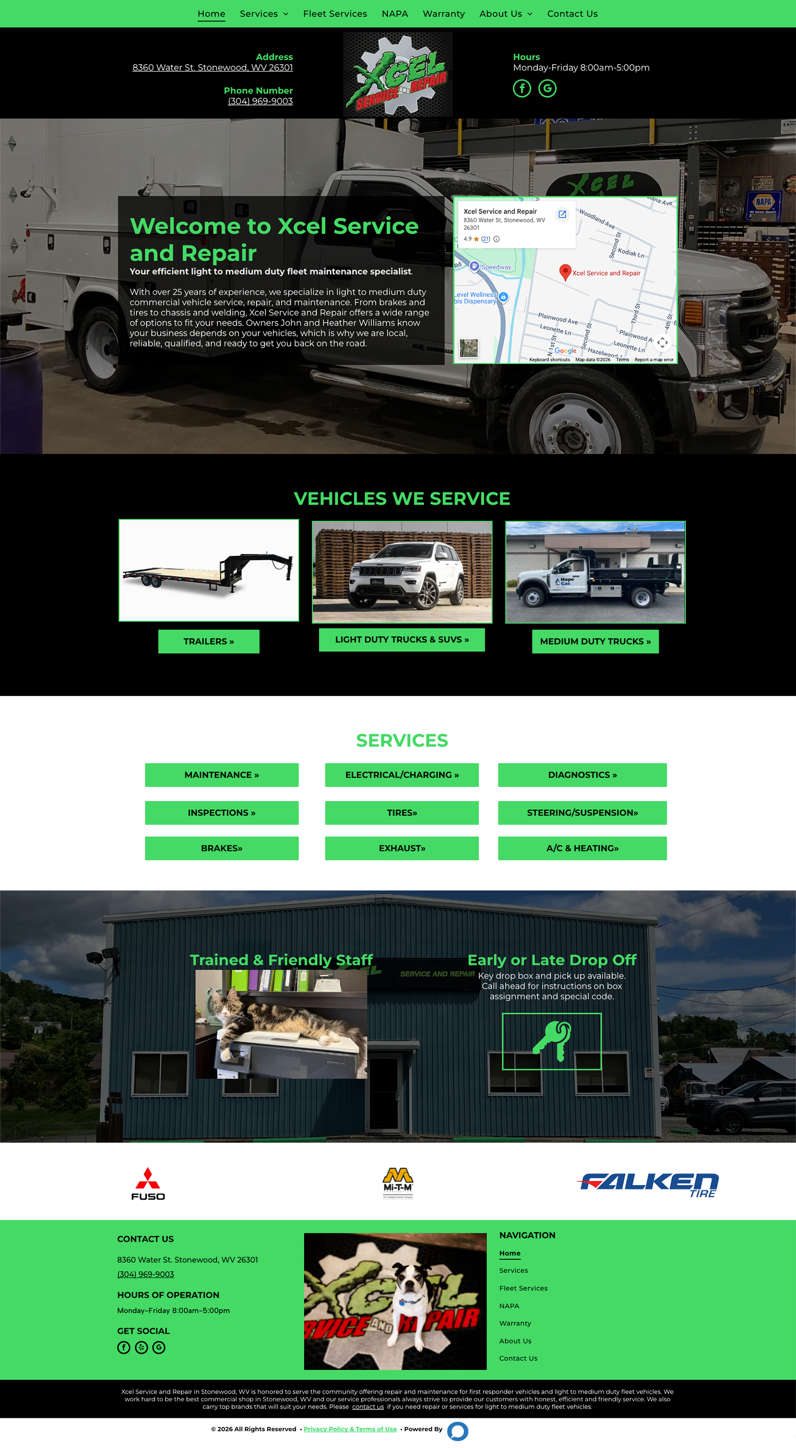 The website homepage for 'Madsen's Tire & Service' features vehicle service imagery, location details, and contact info.