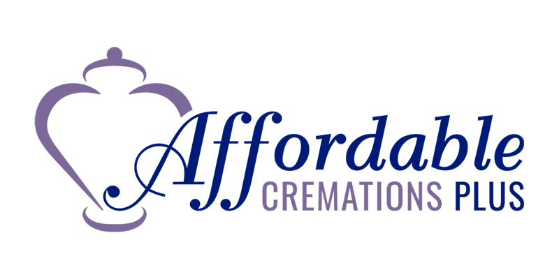 Affordable Cremations Plus logo in purple and blue text with decorative urn icon