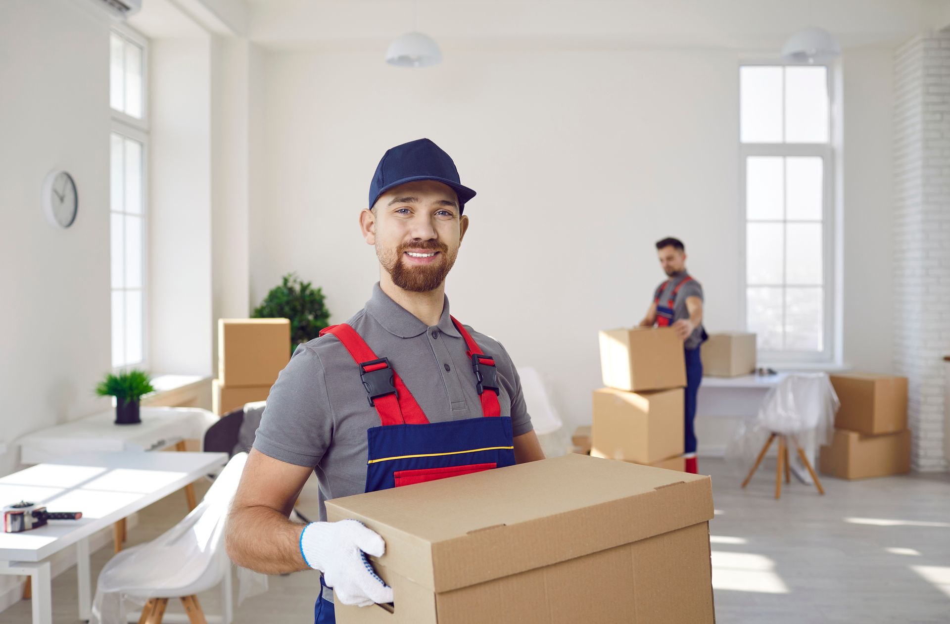 Professional movers carrying boxes in bright apartment during residential moving service.
