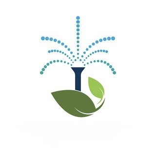 Blue fountain icon with green leaves.